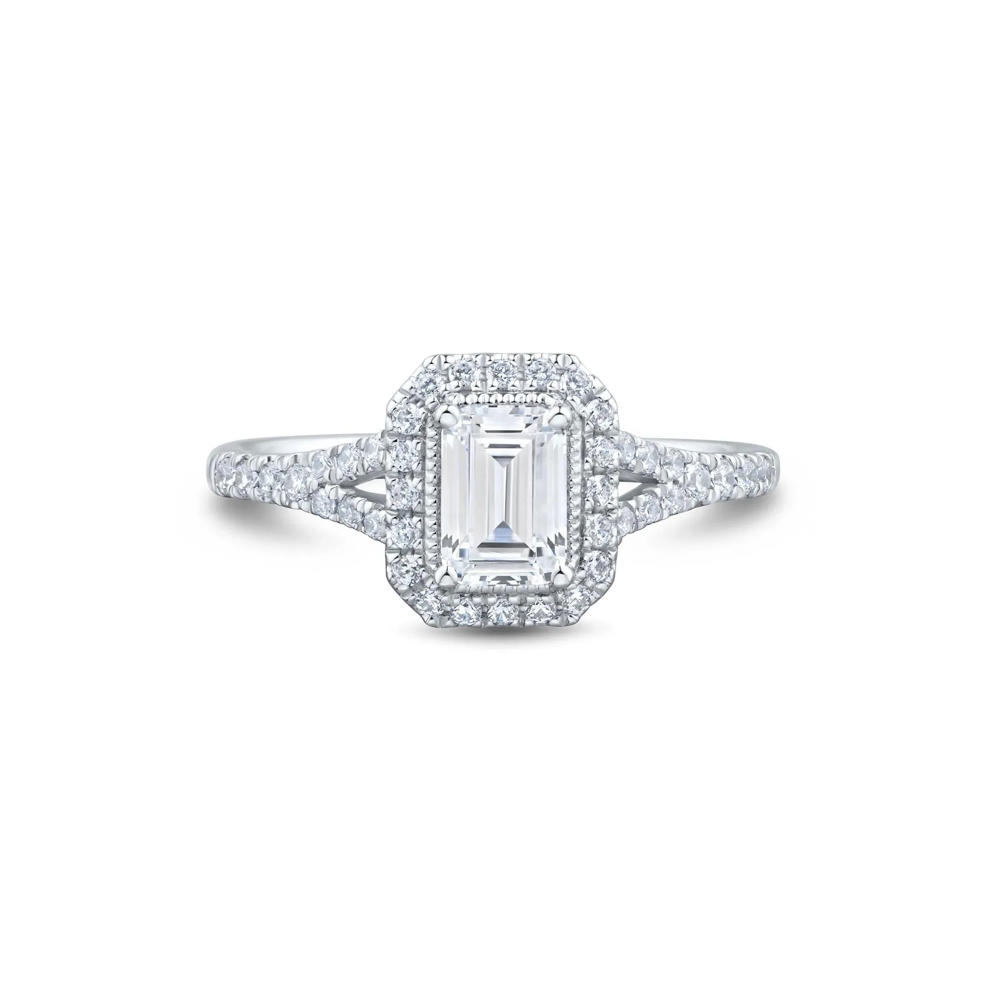 1 CT. Tw. Diamond Emerald-Cut Halo Engagement Ring 10K White Gold Size 7.5 1mm