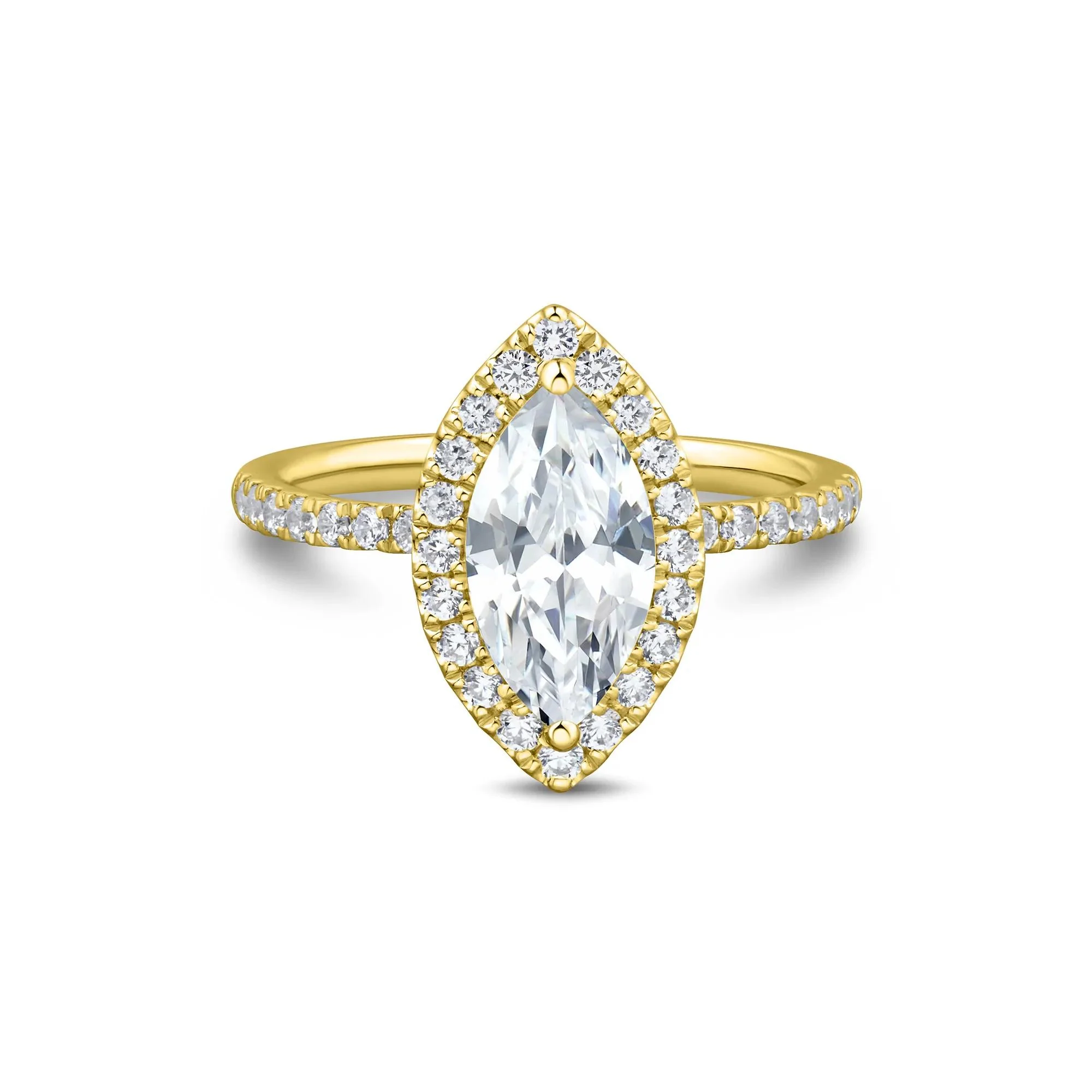 2 CT. Tw. Lab Grown Diamond Marquise-Cut Halo Engagement Ring 14K Yellow Gold Size 5 1.5mm