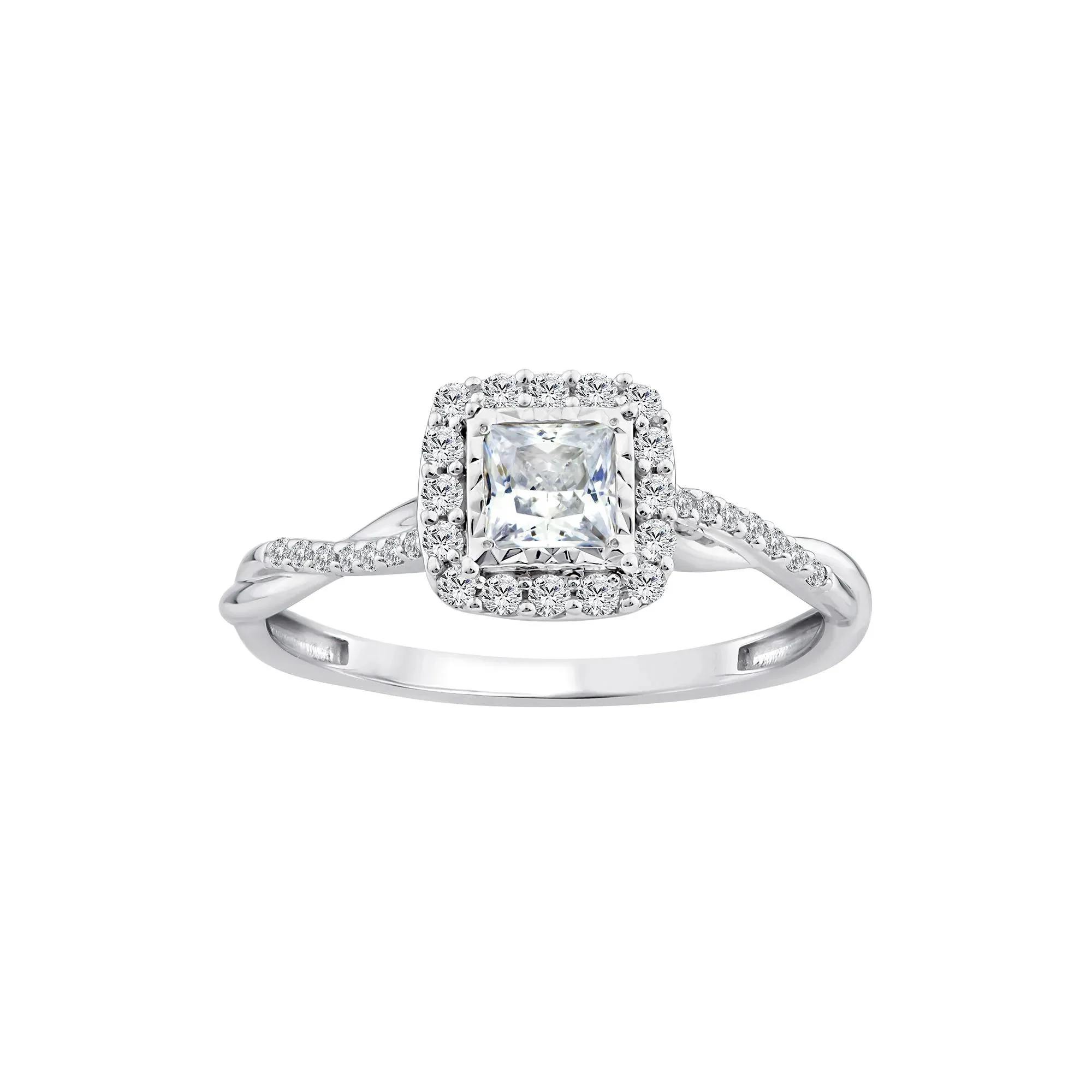 1/2 CT. Tw. Lab Grown Diamond Princess-Cut Halo Promise Ring 10K White Gold Size 7 1.5mm