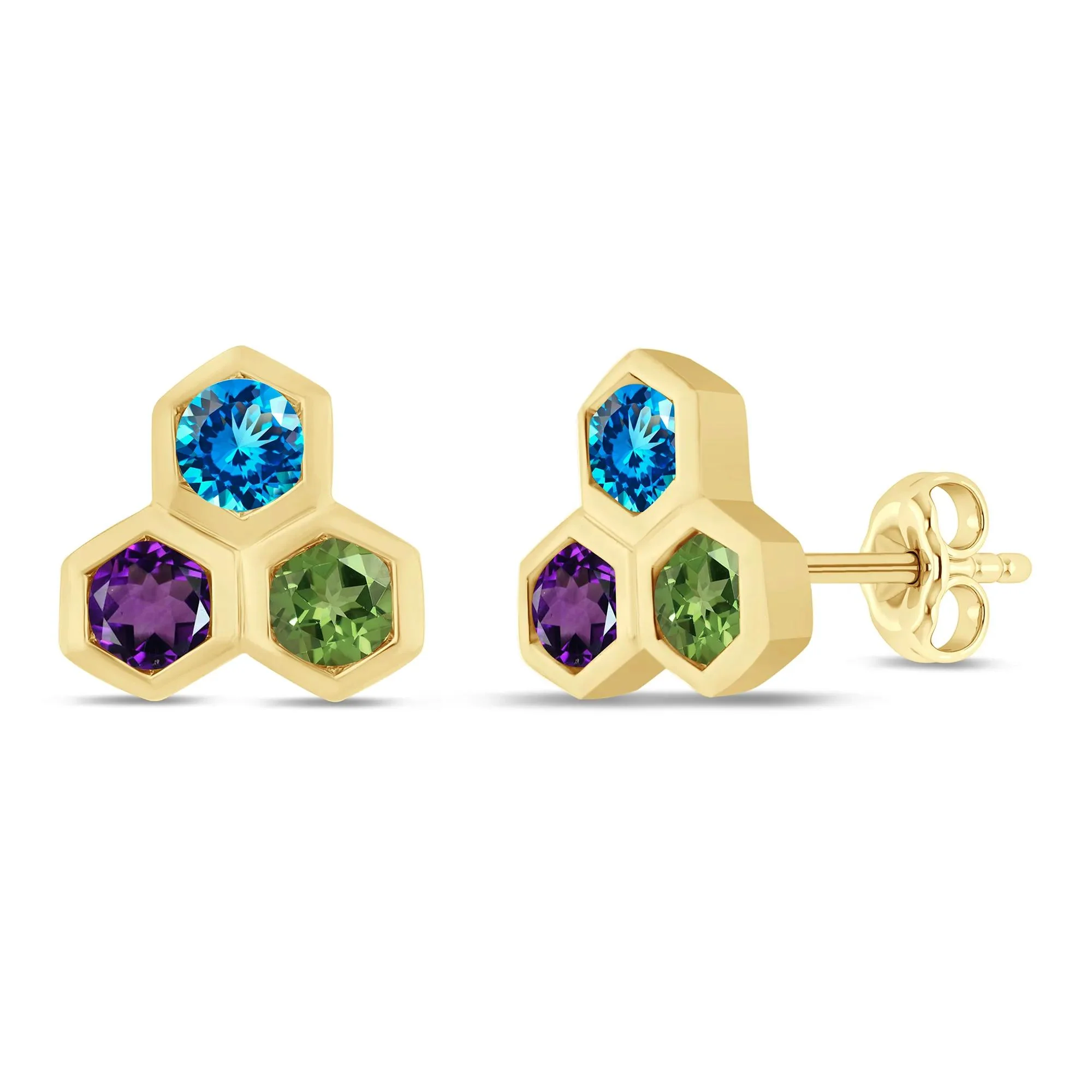 Honeycomb Multi-Gemstone Earrings 10K Yellow Gold Size 7.70mm