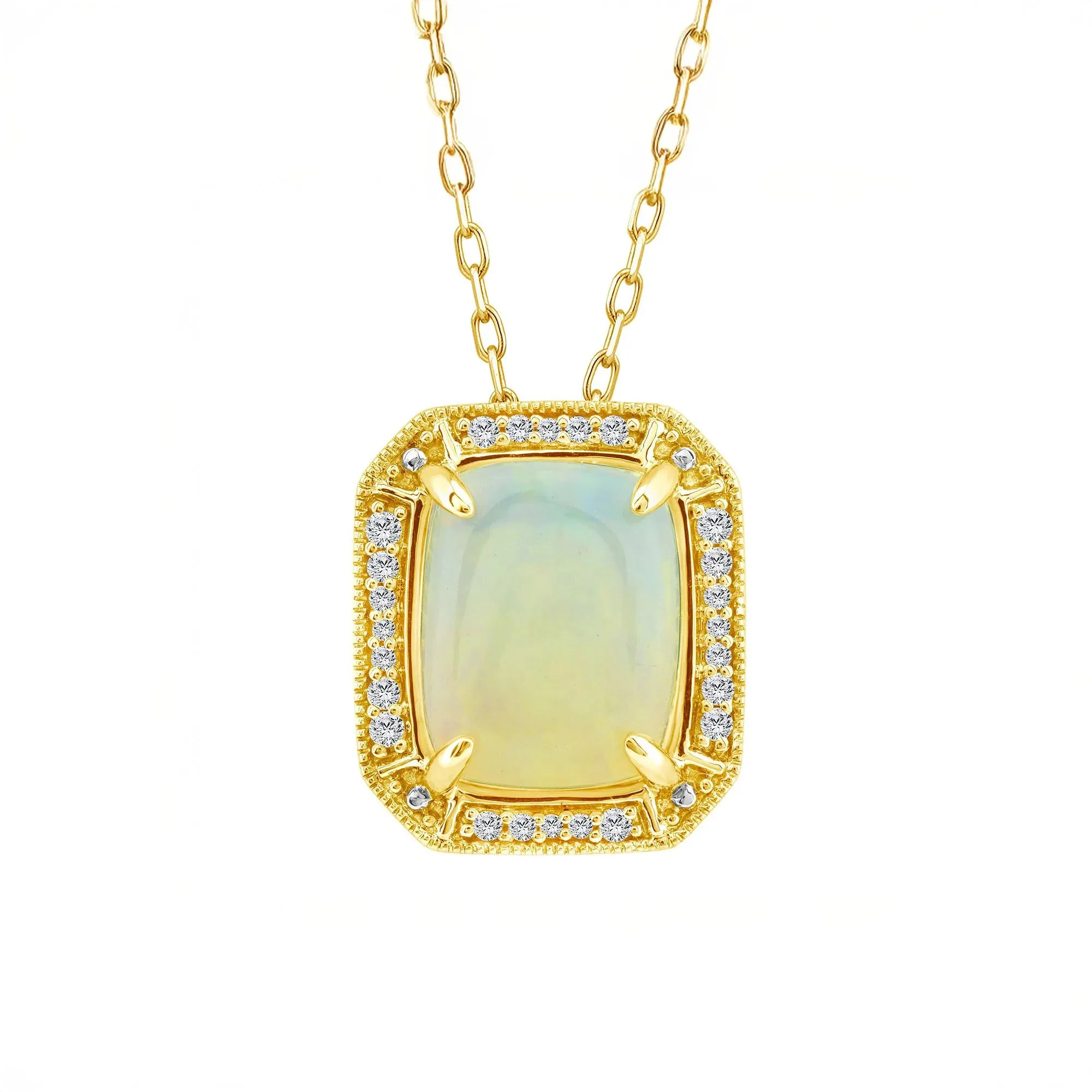 1/10 CT. Tw. Cushion Cabochon Opal and Diamond Pendant Necklace 10K Yellow Gold Size 18"