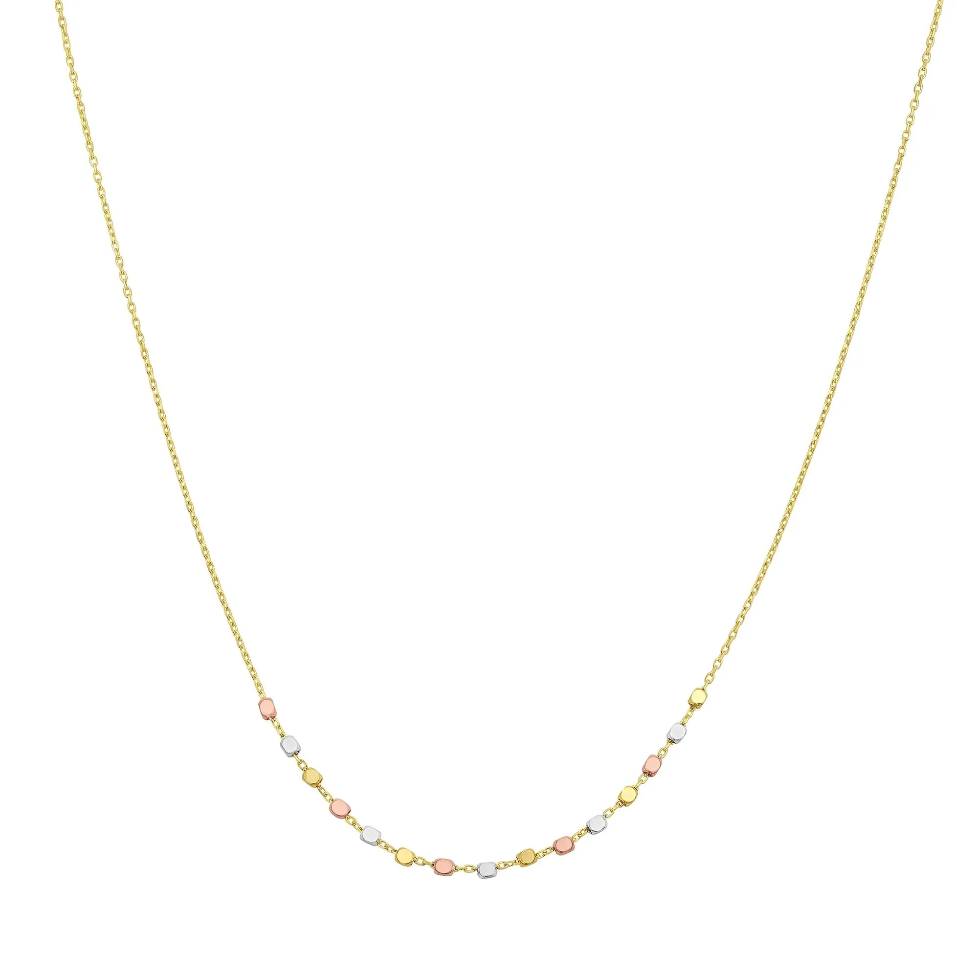 Tri-Color Stationary Textured Bead Necklace 14K Yellow White and Rose Gold Size 17.75"