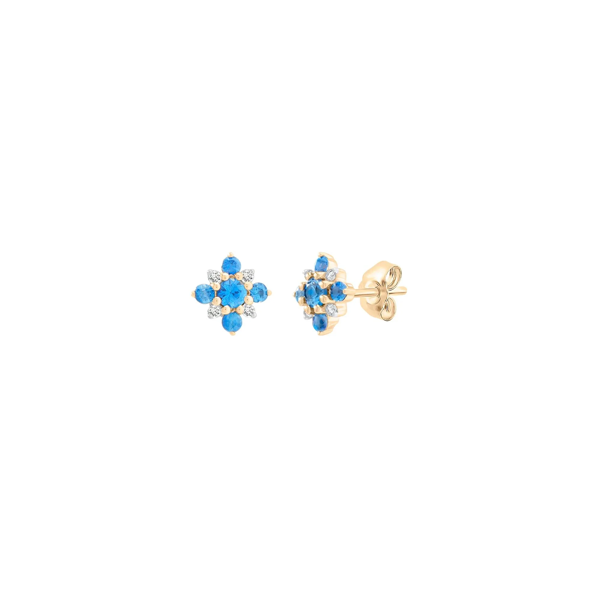 Ceylon Blue Sapphire & Diamond Accent Floral Stud Earrings 10K Yellow Gold Size 6.50mm