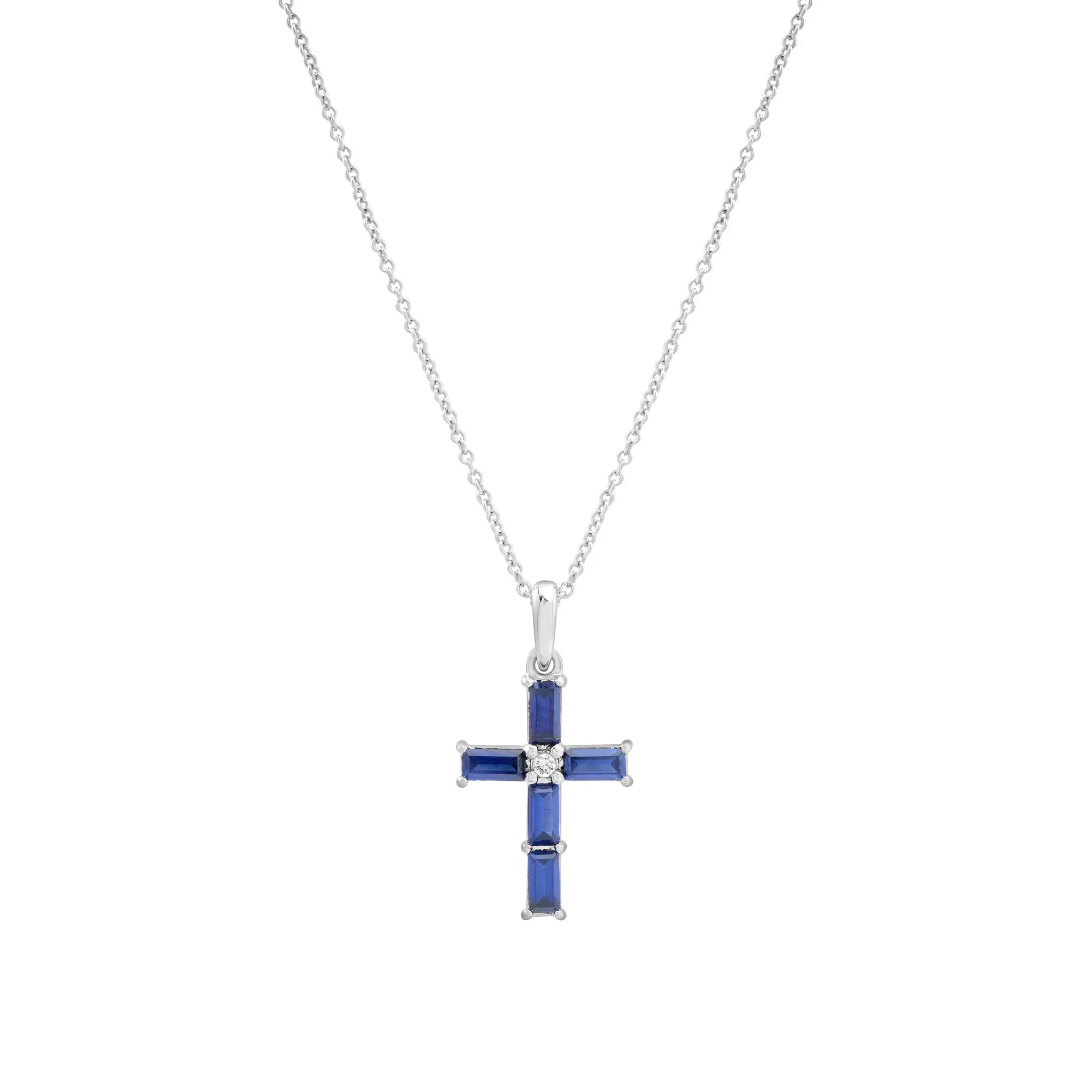 Lab-Created Blue and White Sapphire Cross Pendant Necklace .925 Sterling Silver Size 18"
