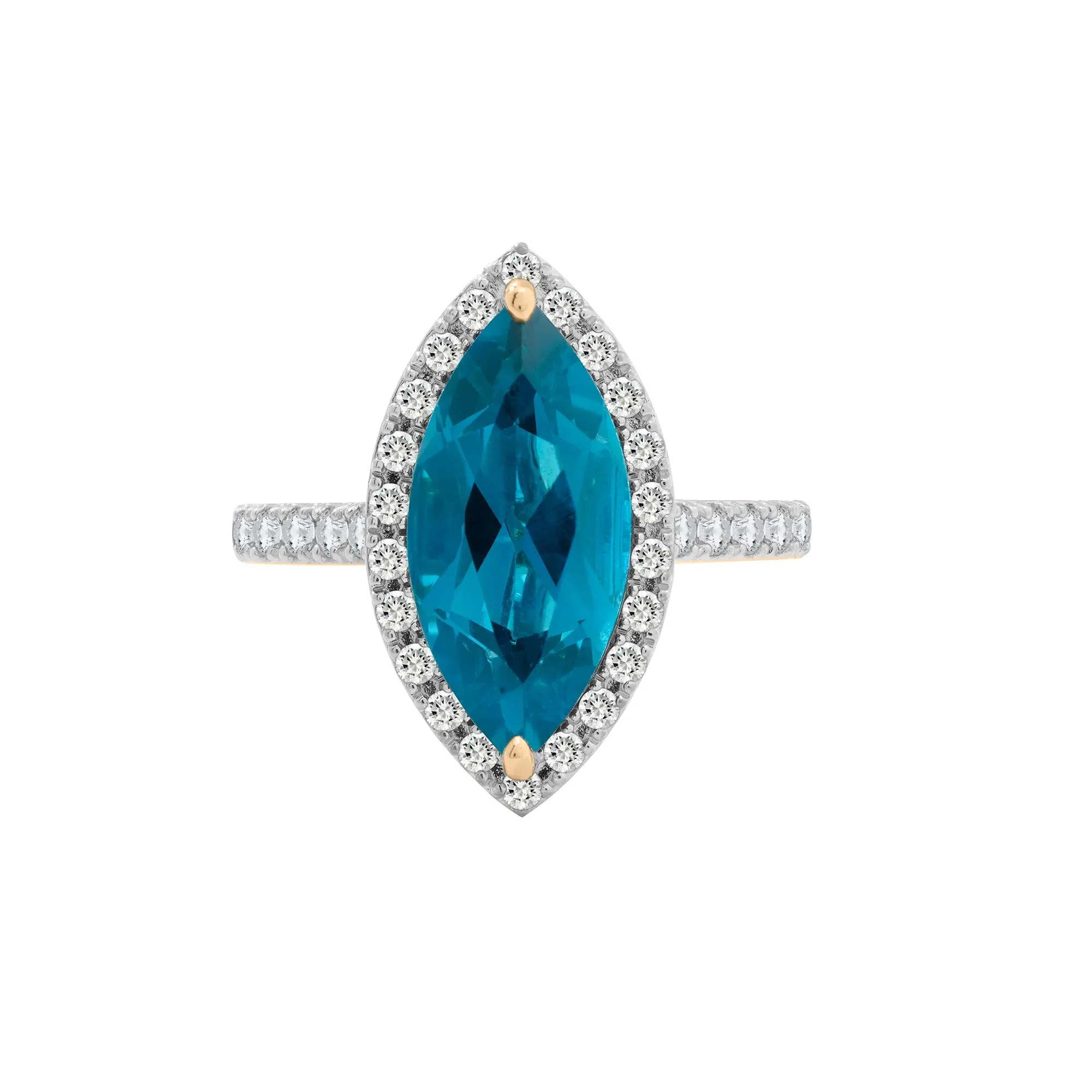 3/8 CT. Tw. London Blue Topaz and Diamond Halo Ring 10K Yellow Gold Round Brilliant Cut Size 6 2mm