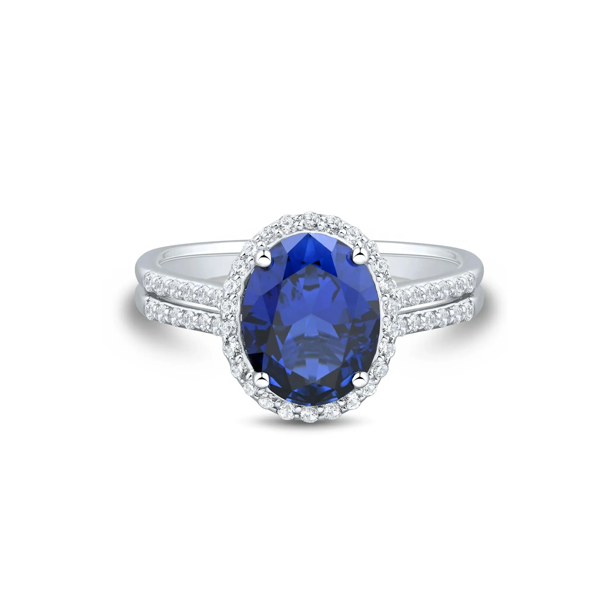 Lab-Created Blue & White Sapphire Double Row Shank Halo Ring .925 Sterling Silver Size 6.5 1mm