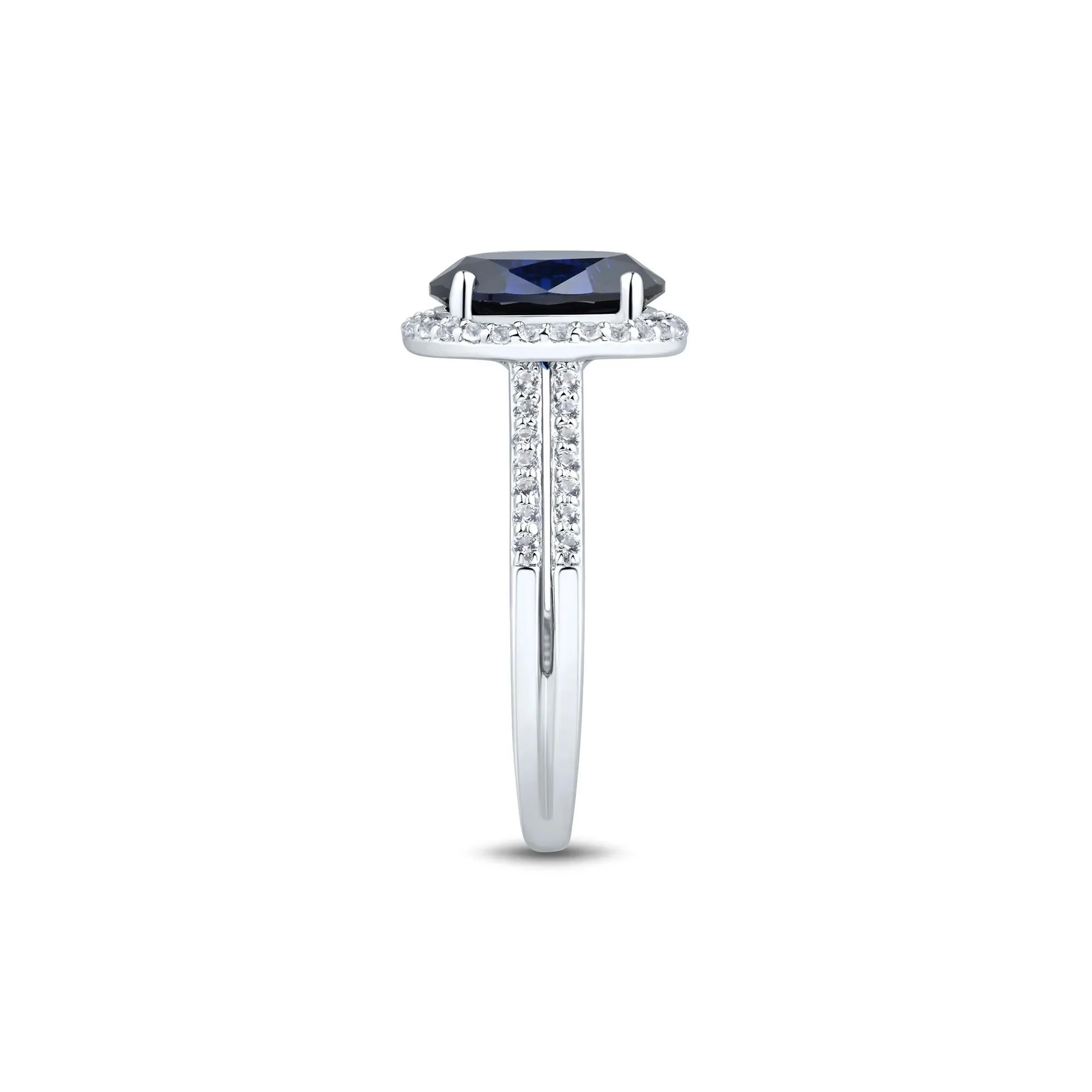 Lab-Created Blue & White Sapphire Double Row Shank Halo Ring .925 Sterling Silver Size 7 1mm - Image 2
