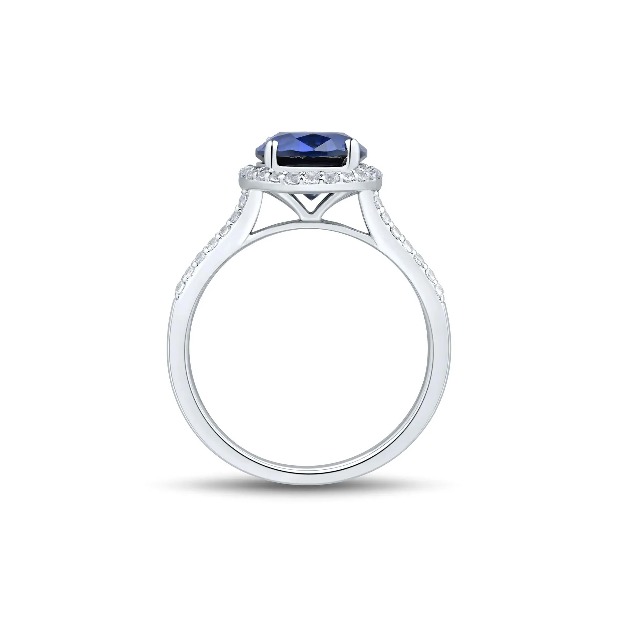Lab-Created Blue & White Sapphire Double Row Shank Halo Ring .925 Sterling Silver Size 9 1mm - Image 3