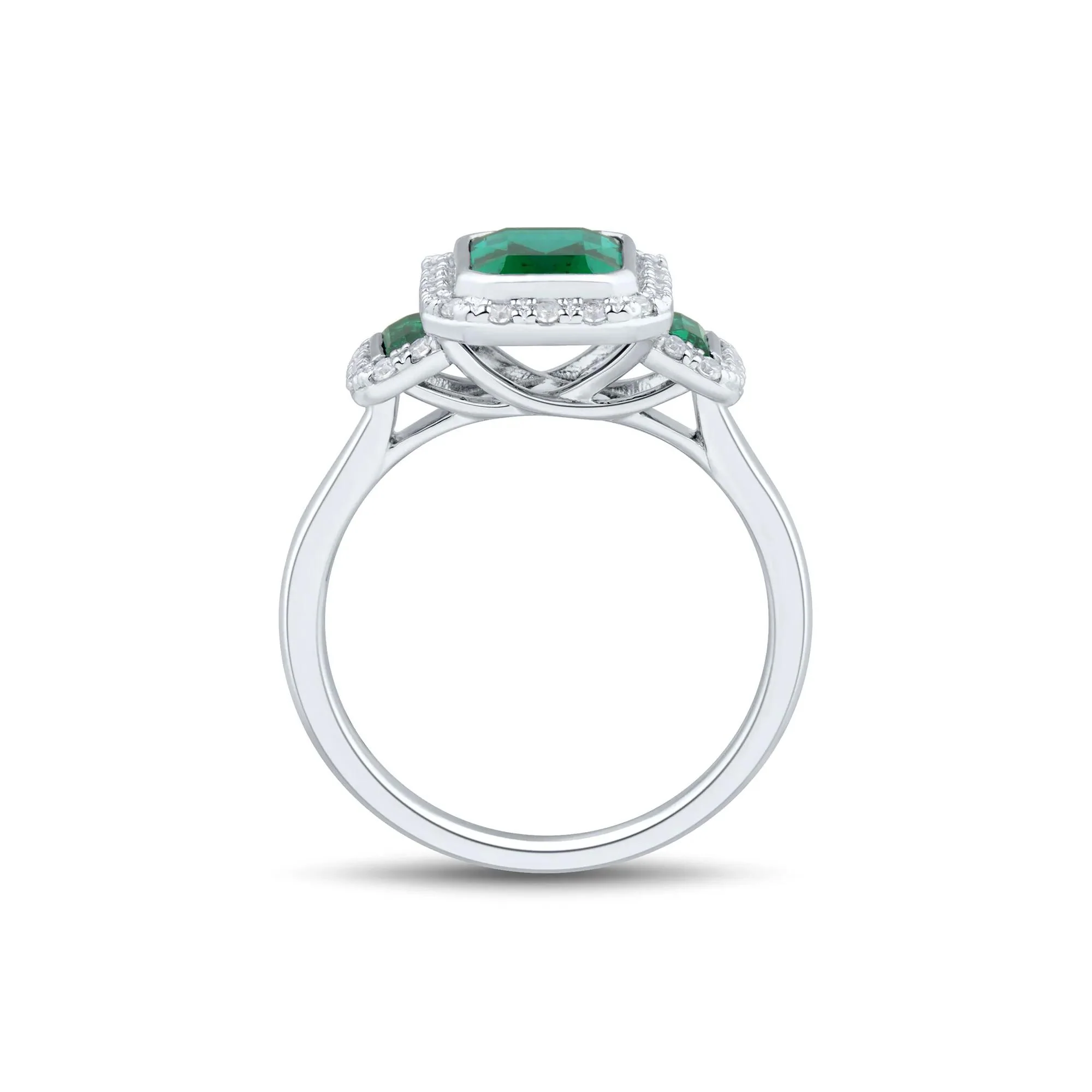Lab-Created Emerald & Lab-Created White Sapphire Three-Stone Halo Ring .925 Sterling Silver Size 5 1mm - Image 2