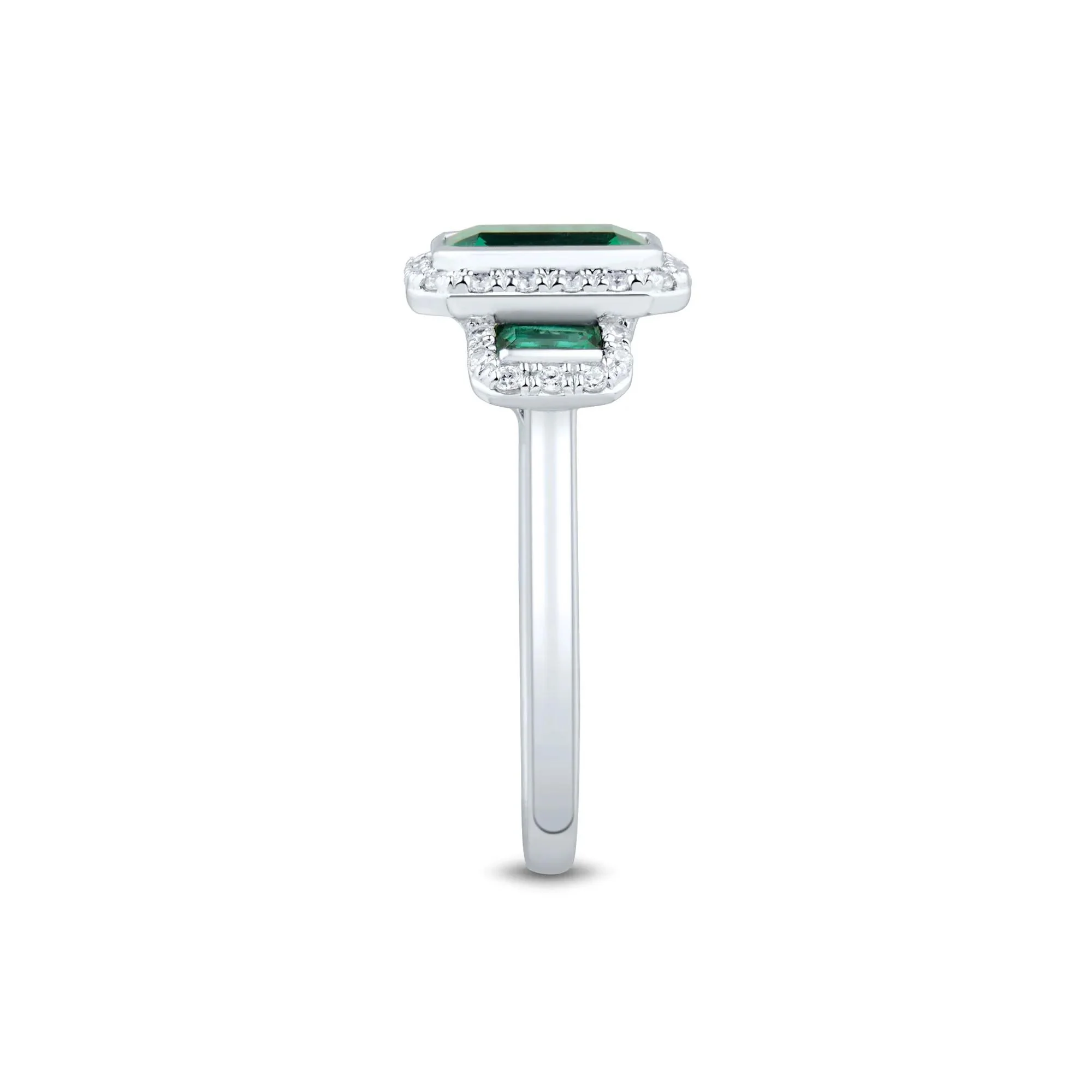 Lab-Created Emerald & Lab-Created White Sapphire Three-Stone Halo Ring .925 Sterling Silver Size 8 1mm - Image 3