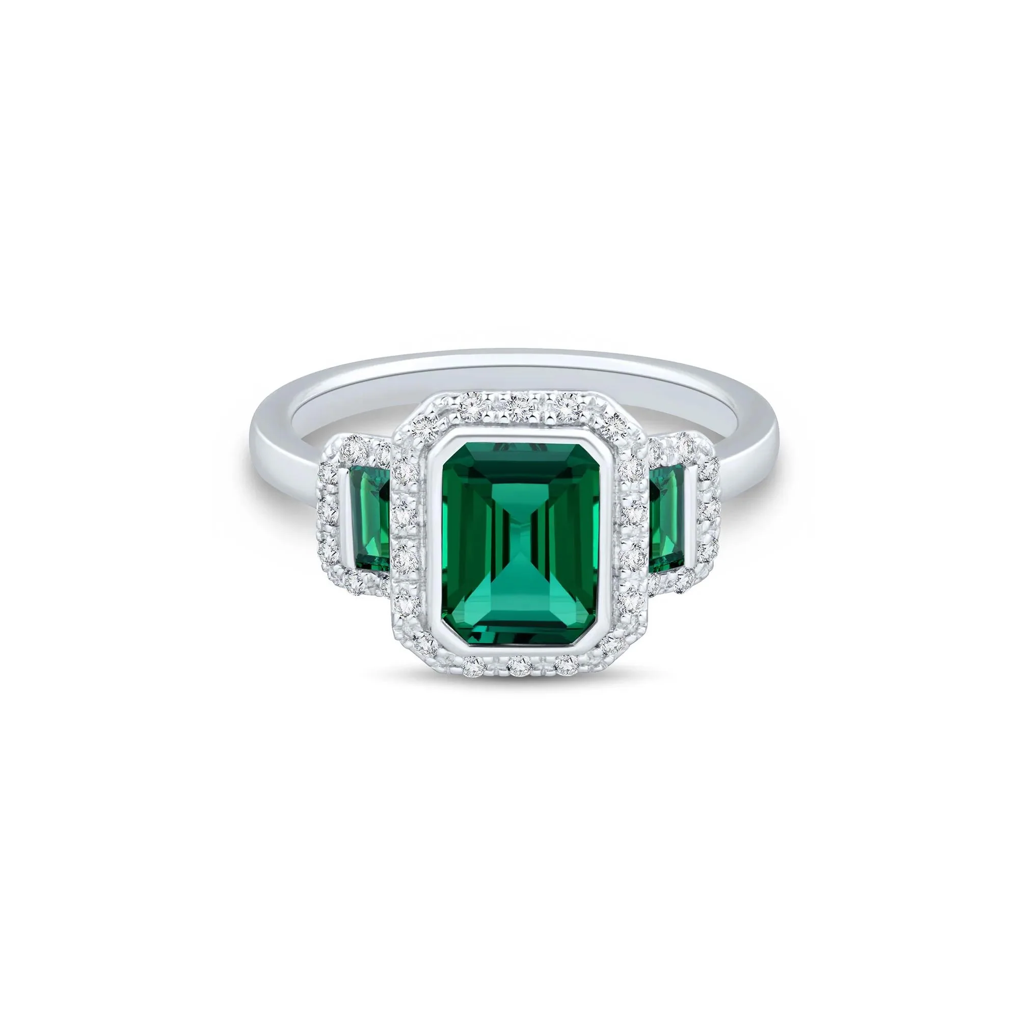Lab-Created Emerald & Lab-Created White Sapphire Three-Stone Halo Ring .925 Sterling Silver Size 9 1mm