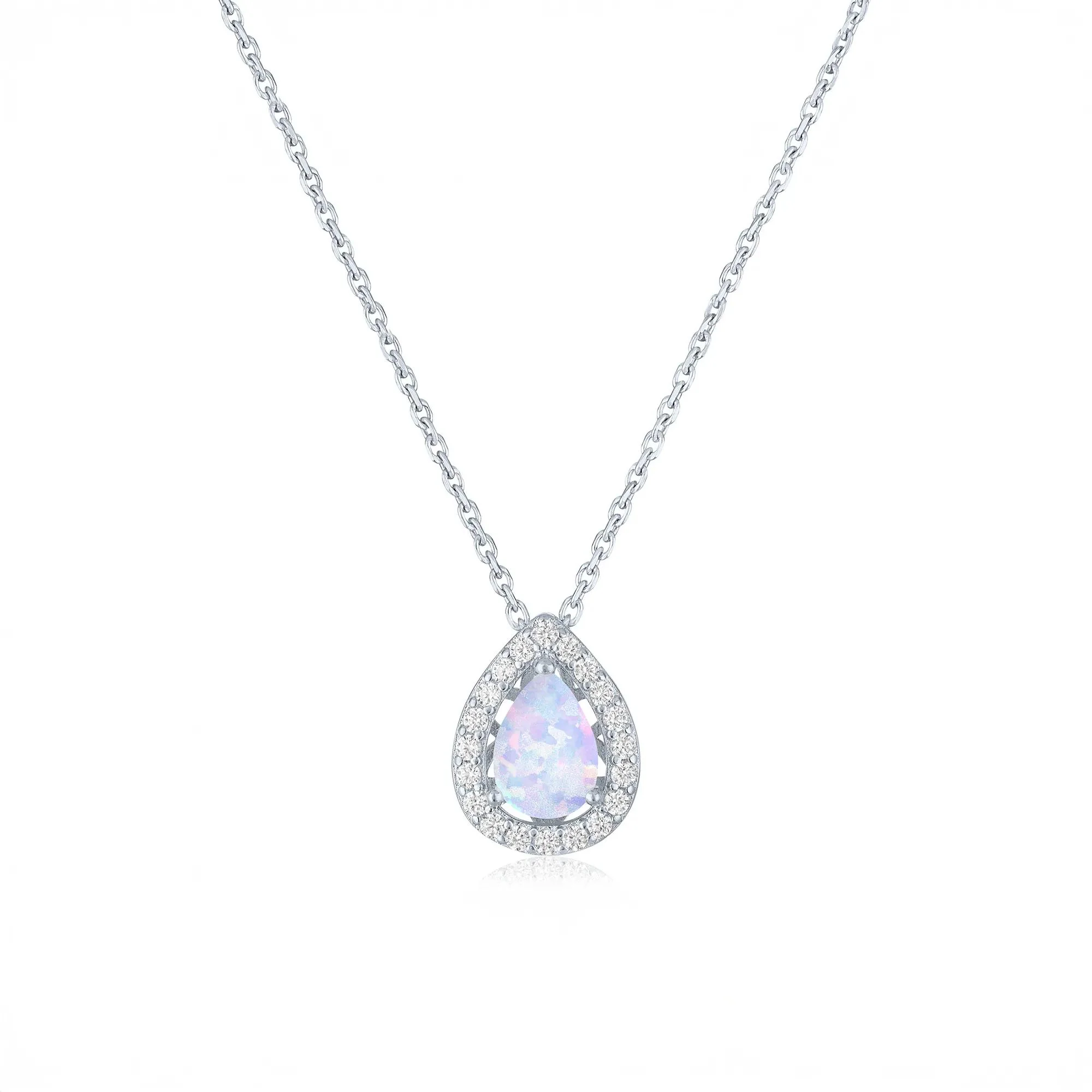 1/5 CT. Tw. Lab-Created Opal & Diamond Halo Pendant Necklace .925 Sterling Silver White Size 18"