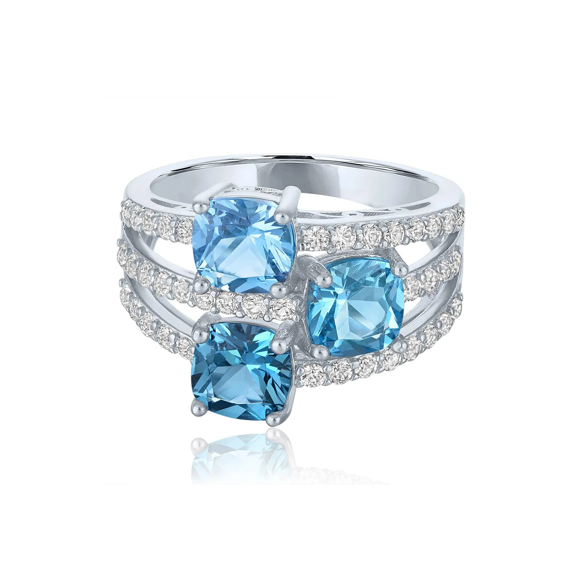 Multi-Shade Blue Topaz & Lab-Created White Sapphire Layered Ring .925 Sterling Silver Size 6 1mm