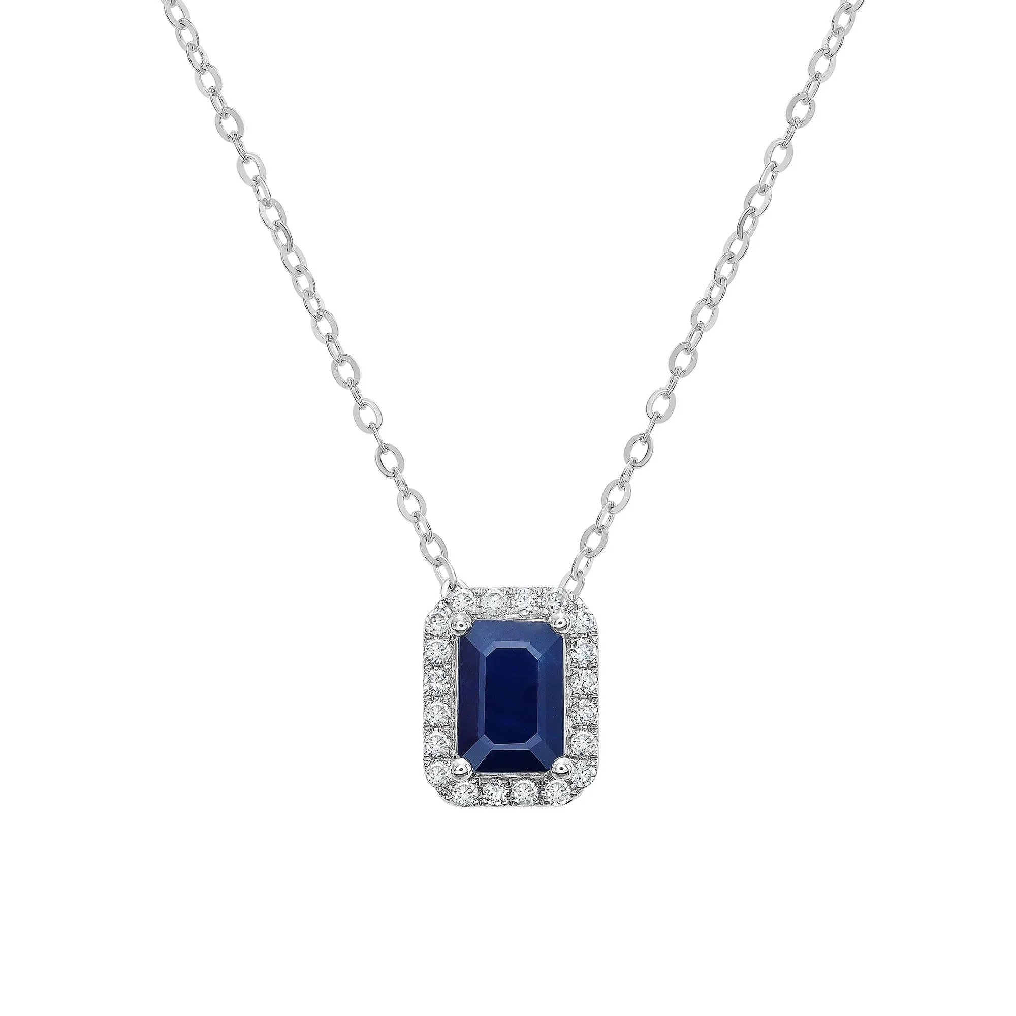1/10 CT. Tw. Blue Sapphire & Diamond Halo Pendant Necklace 14K White Gold Size 18"