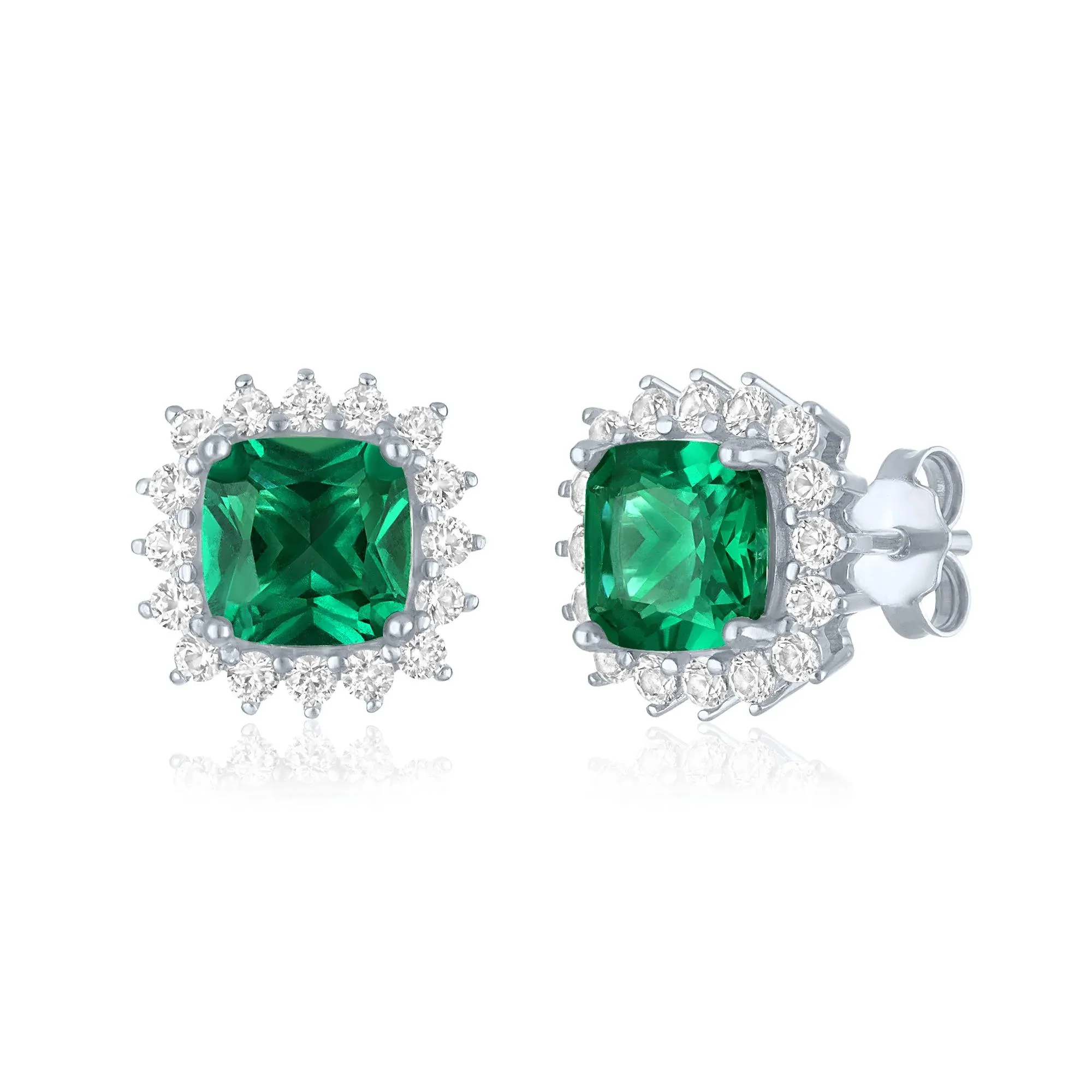 Lab-Created Emerald & Lab-Created White Sapphire Starburst Halo Stud Earrings .925 Sterling Silver Size 7.50mm