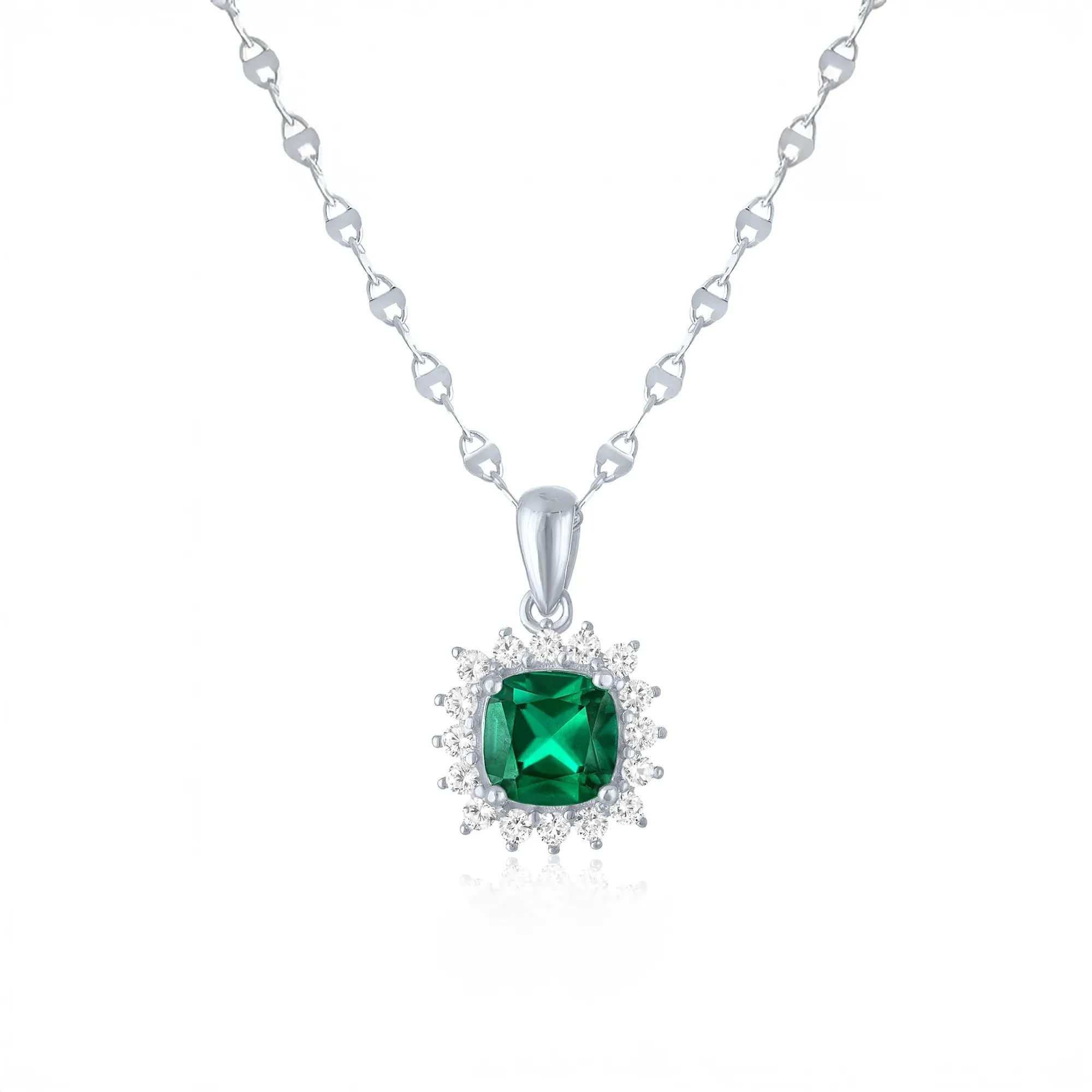 Lab-Created Emerald & Lab-Created White Sapphire Starburst Halo Pendant Necklace .925 Sterling Silver Size 18"