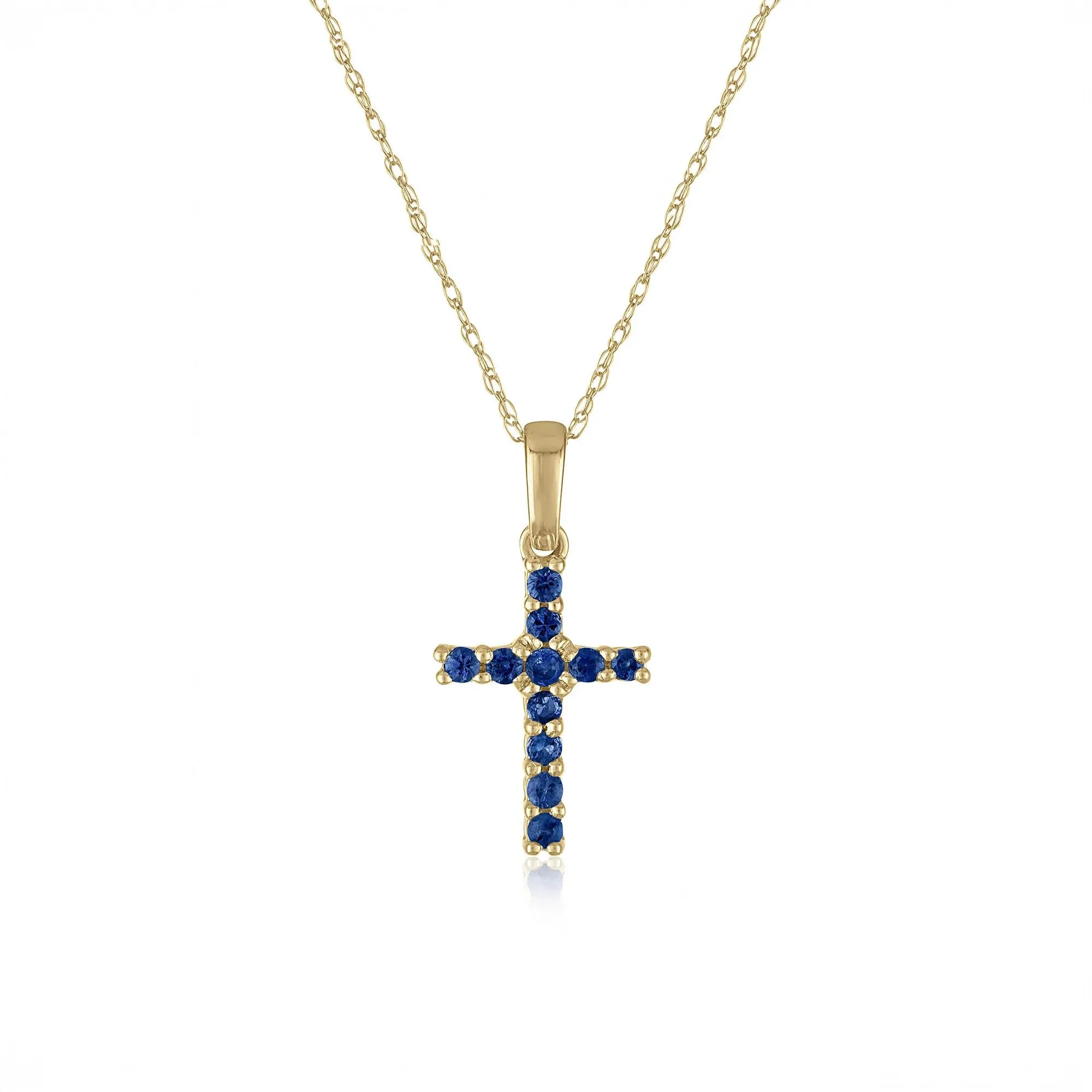 Blue Sapphire Cross Pendant Necklace 10K Yellow Gold Size 18"