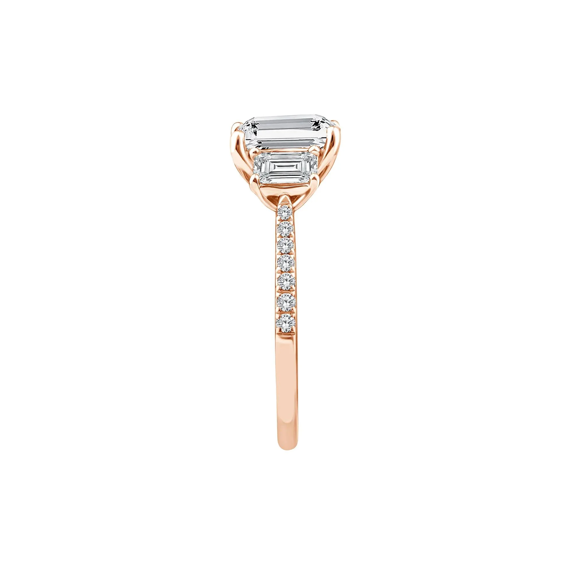 3 1/4 CT. Tw. Lab Grown Diamond Emerald-Cut Three Stone Engagement Ring 14K Rose Gold Round Brilliant Cut Size 7.5 - Image 3