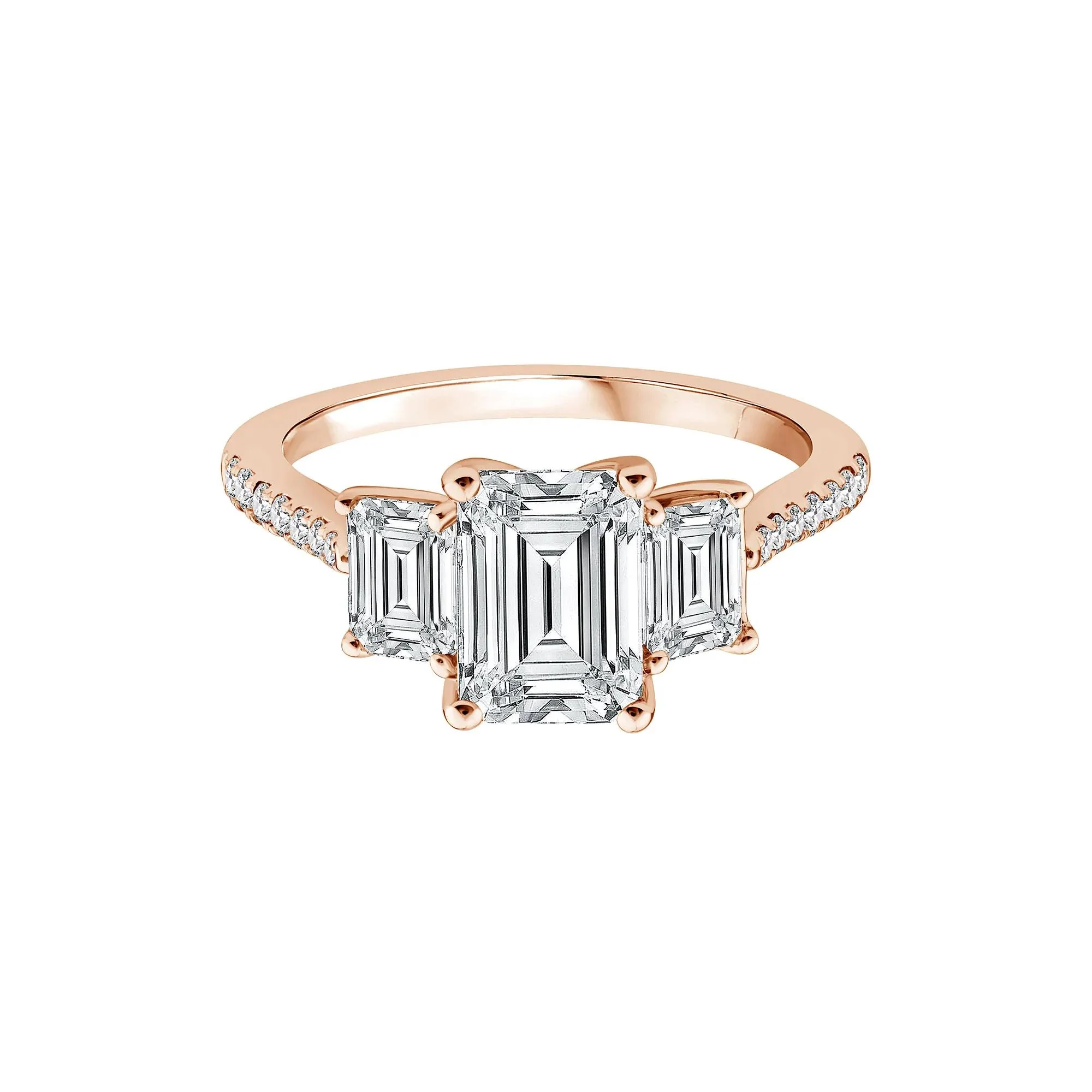 3 1/4 CT. Tw. Lab Grown Diamond Emerald-Cut Three Stone Engagement Ring 14K Rose Gold Round Brilliant Cut Size 9