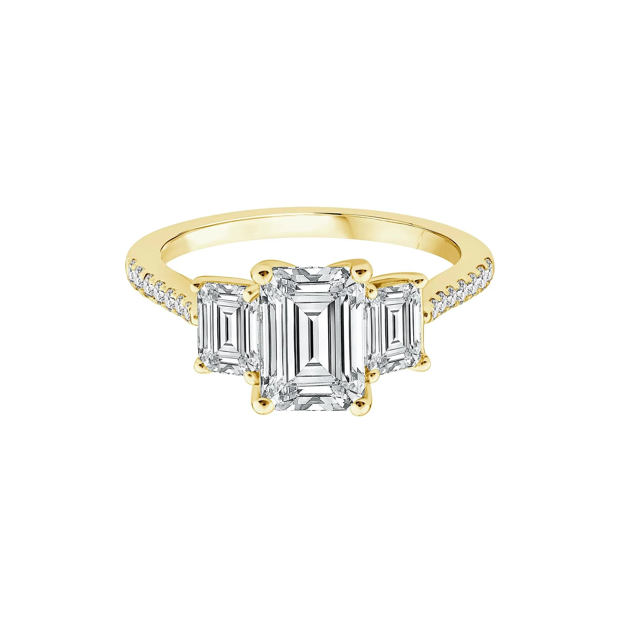 3 1/4 CT. Tw. Lab Grown Diamond Emerald-Cut Three Stone Engagement Ring 14K Yellow Gold Round Brilliant Cut Size 6