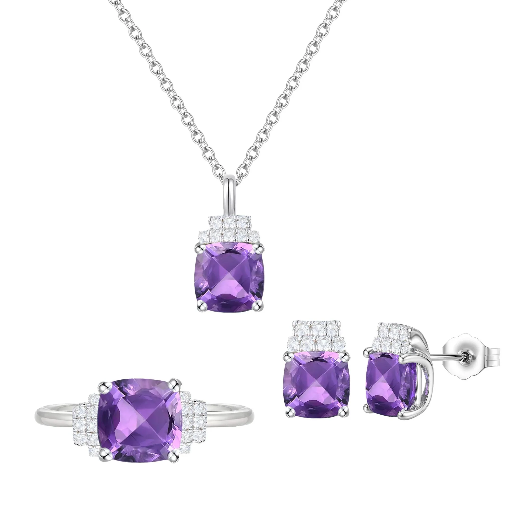 Amethyst & Lab-Created White Sapphire Ring Earring and Pendant Box Set .925 Sterling Silver Size 6 1mm - Image 6