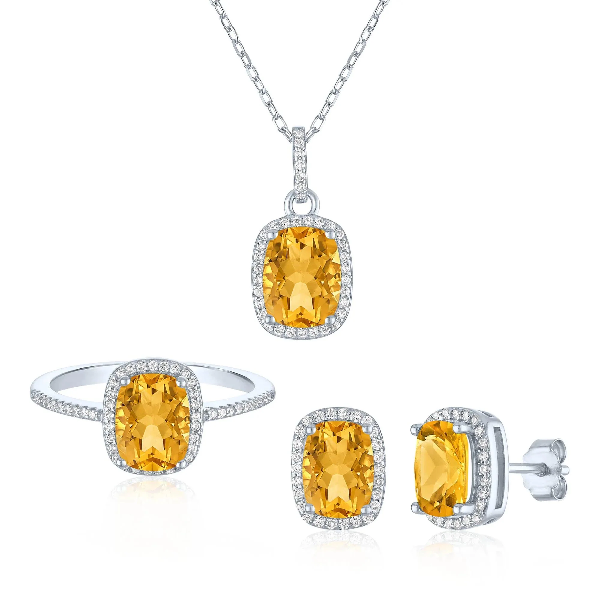 Citrine & Lab-Created White Sapphire Ring Earring and Pendant Box Set .925 Sterling Silver Size 9 1mm