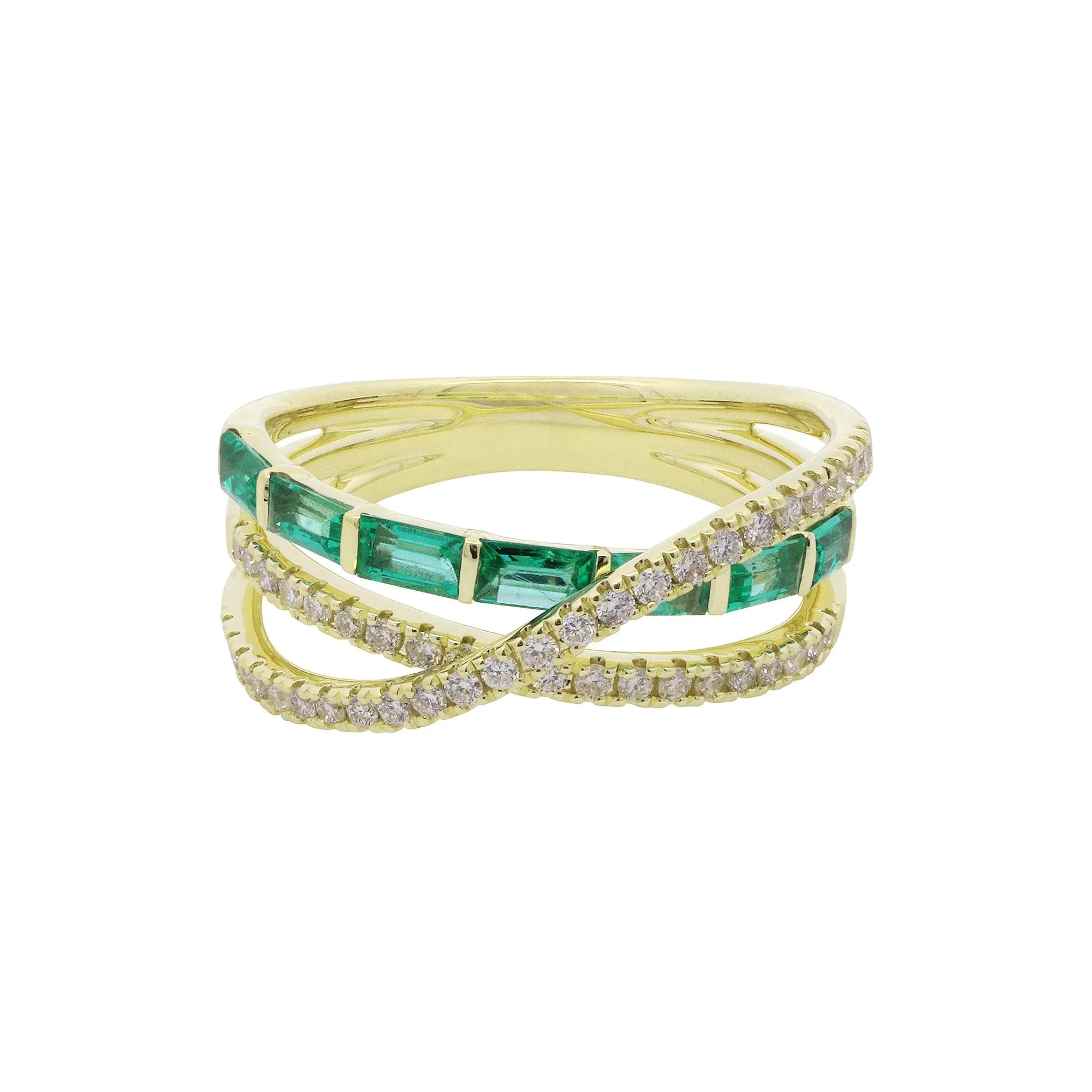 Baguette Emerald & Round Diamond Layer Wrap Ring 10K Yellow Gold Size 6 1mm - Image 2