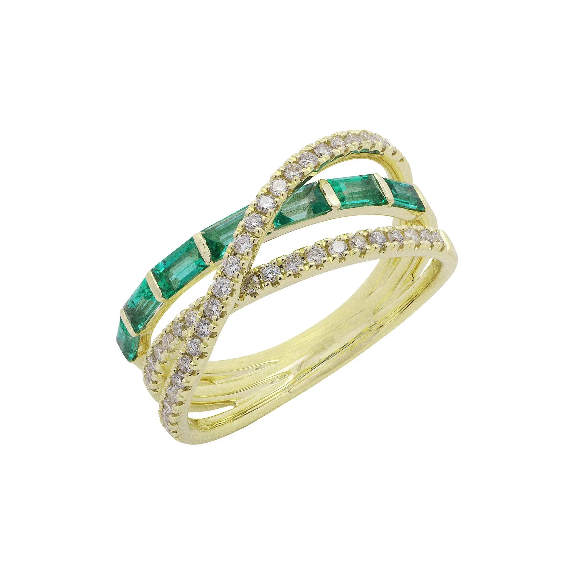 Baguette Emerald & Round Diamond Layer Wrap Ring 10K Yellow Gold Size 7.5 1mm - Image 3