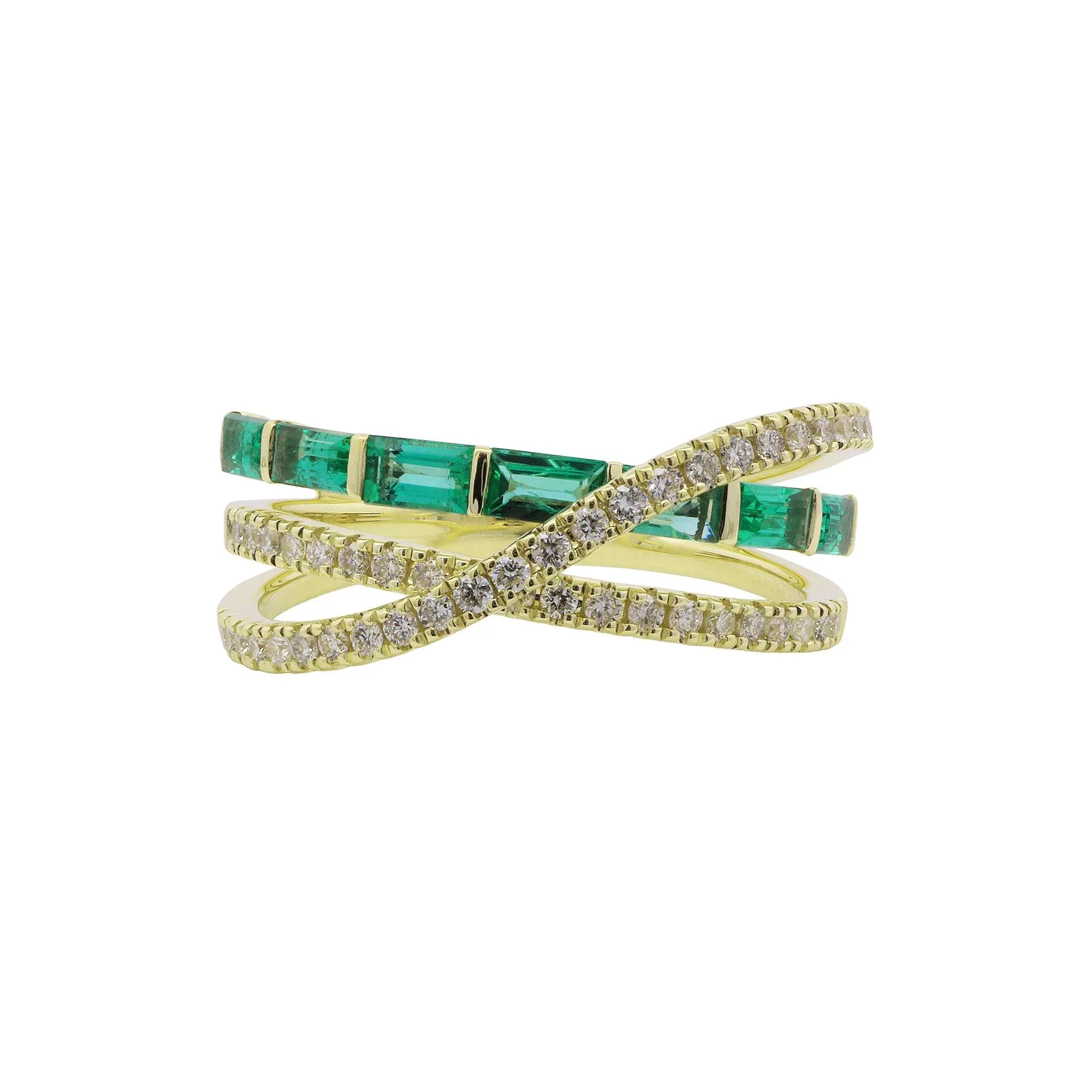 Baguette Emerald & Round Diamond Layer Wrap Ring 10K Yellow Gold Size 8 1mm