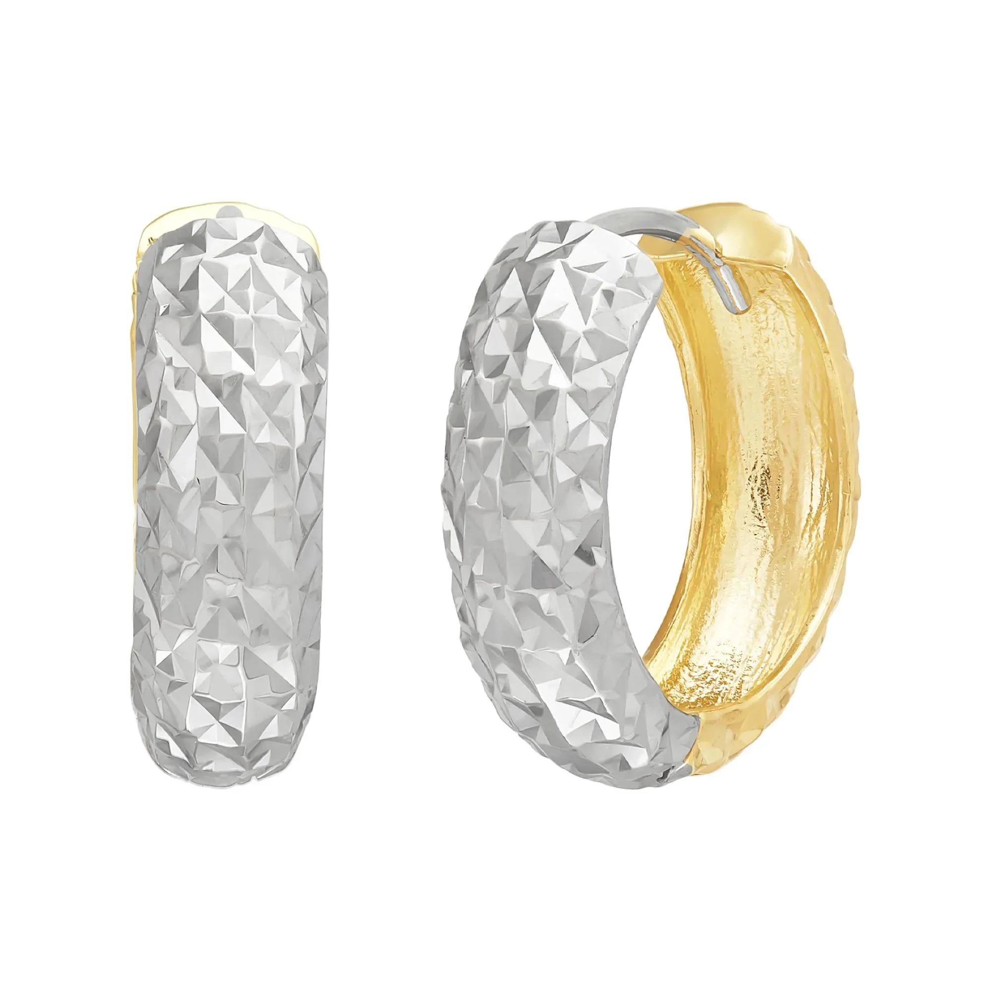 Reversible Diamond-Cut Hoop Earrings 10K White and Yellow Gold Size 15.50mm