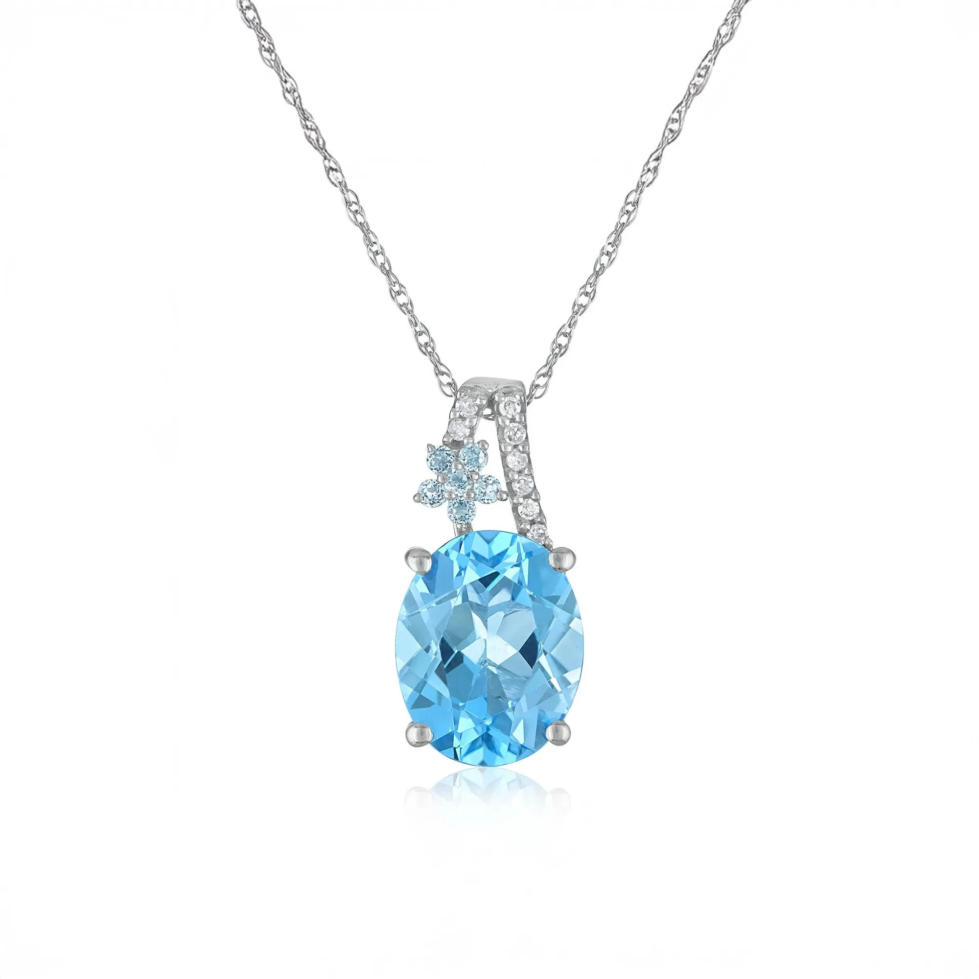 Oval Blue Topaz and Diamond Accent Pendant Necklace 10K White Gold Size 18"