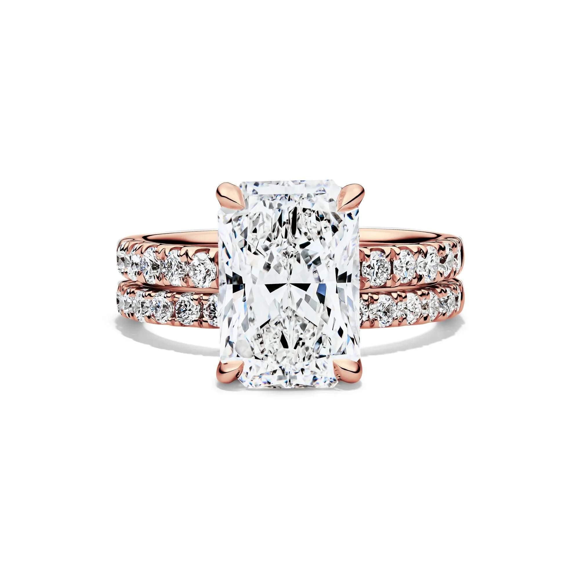 5 CT. Tw. Lab Grown Diamond Radiant-Cut Bridal Set 14K Rose Gold Ring Round Brilliant Cut Size 5 2mm