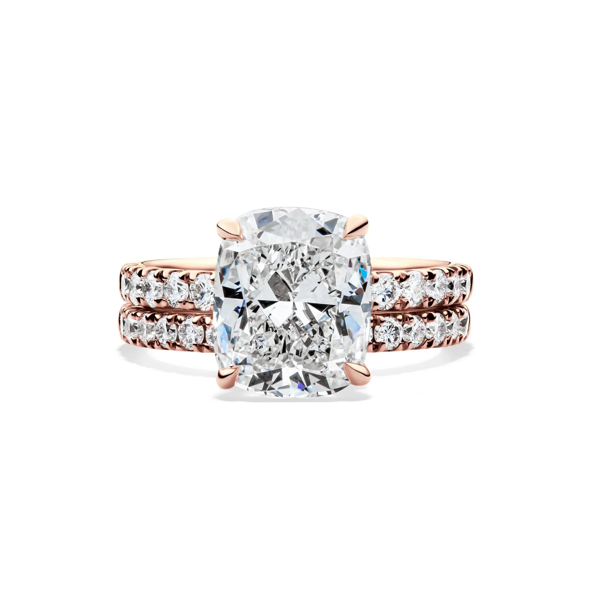 5 CT. Tw. Lab Grown Diamond Elongated Cushion-Cut Bridal Set 14K Rose Gold Ring Round Brilliant Cut Size 5 2mm