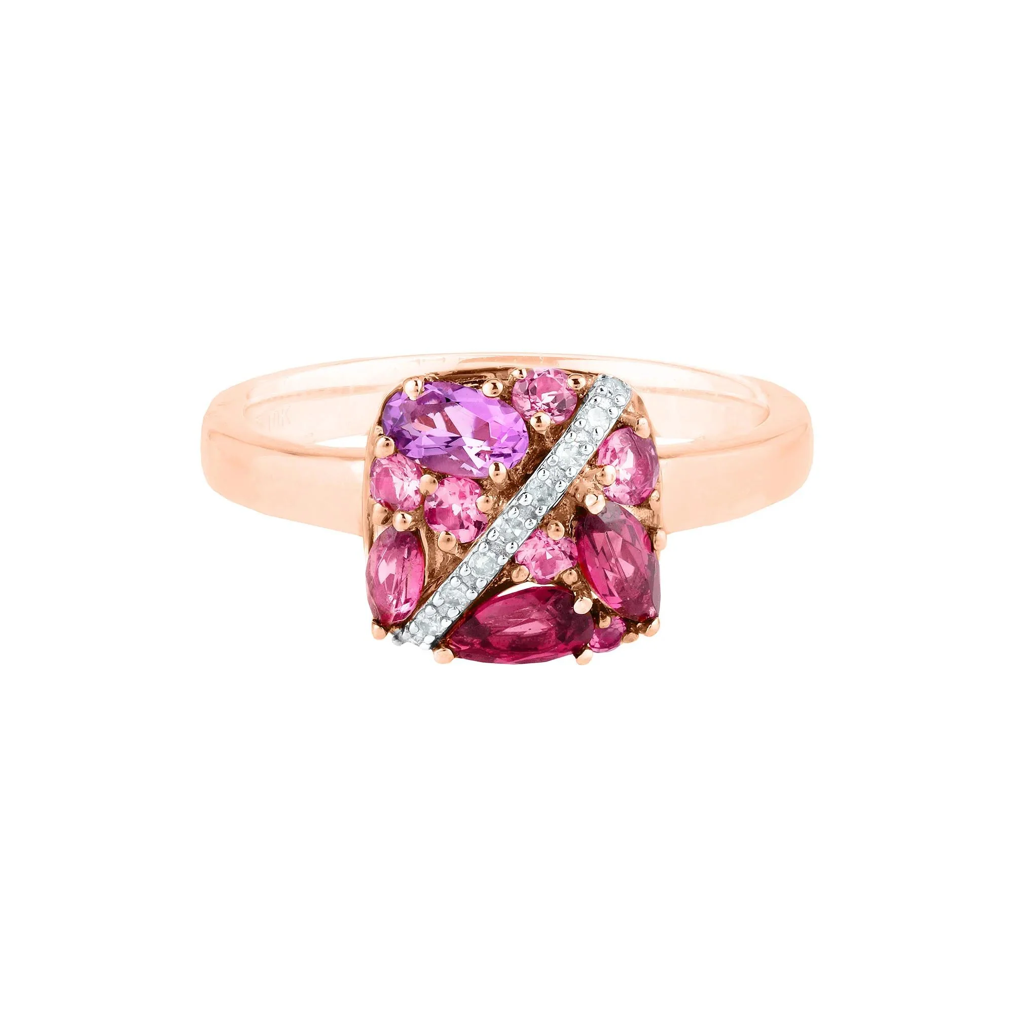 Amethyst Tourmaline Rhodolite and Diamond Accent Ring 10K Rose Gold Size 8 2.5mm