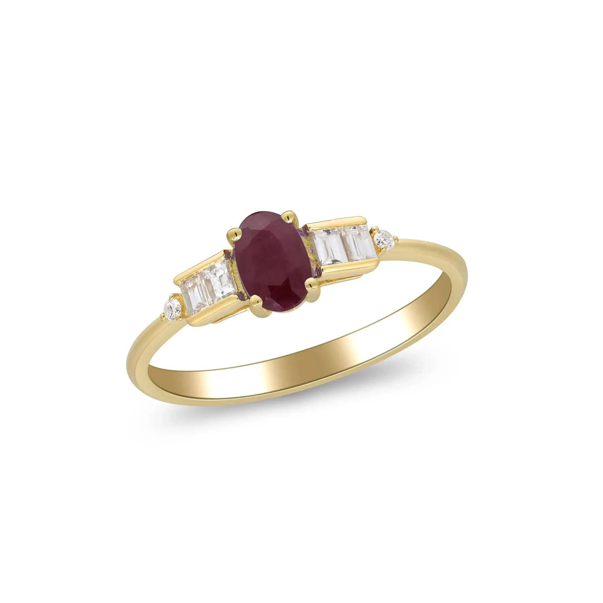 1/7 CT. Tw. Oval Ruby & Diamond Ring 10K Yellow Gold Round Brilliant Cut Size 5 2mm - Image 5