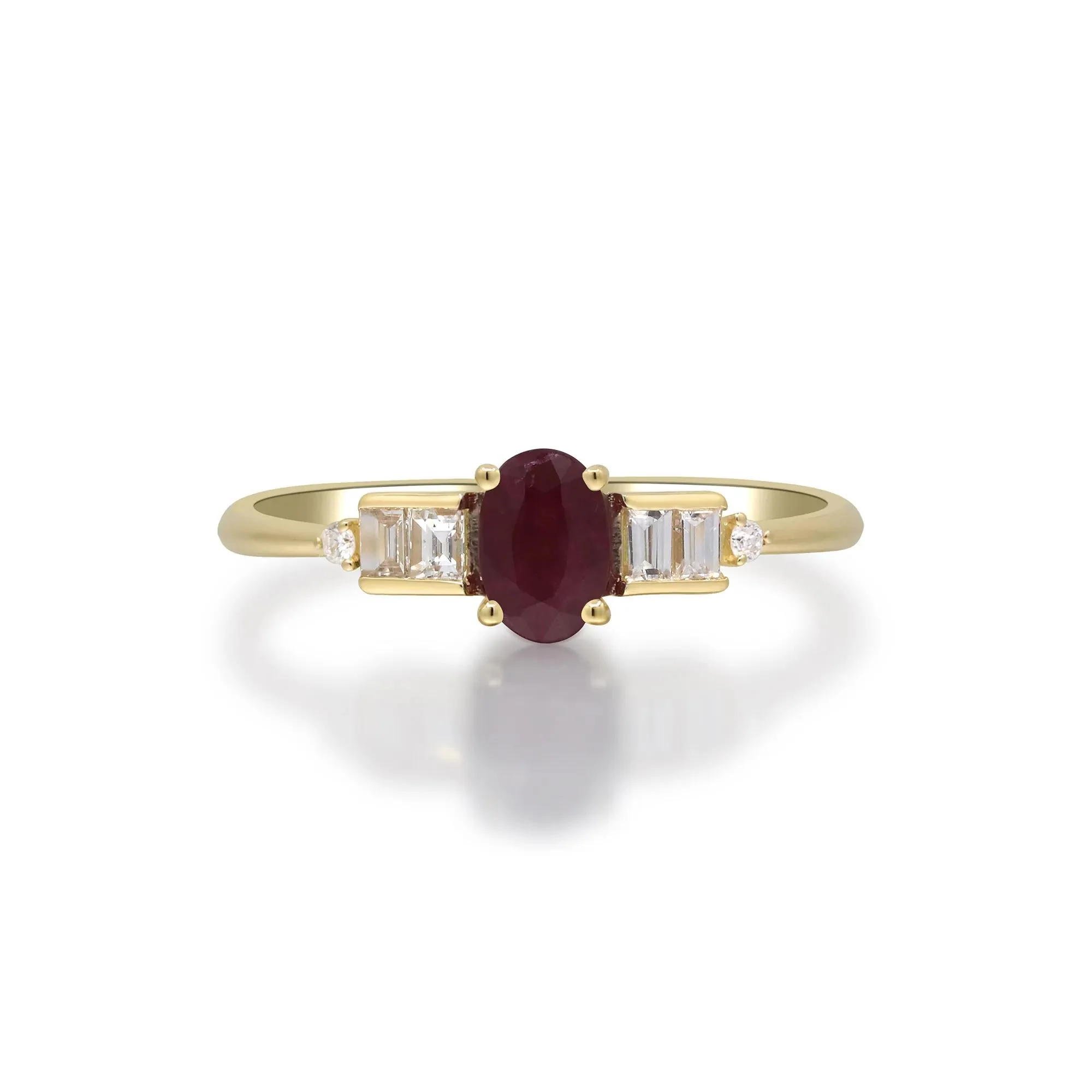 1/7 CT. Tw. Oval Ruby & Diamond Ring 10K Yellow Gold Round Brilliant Cut Size 6.5 2mm