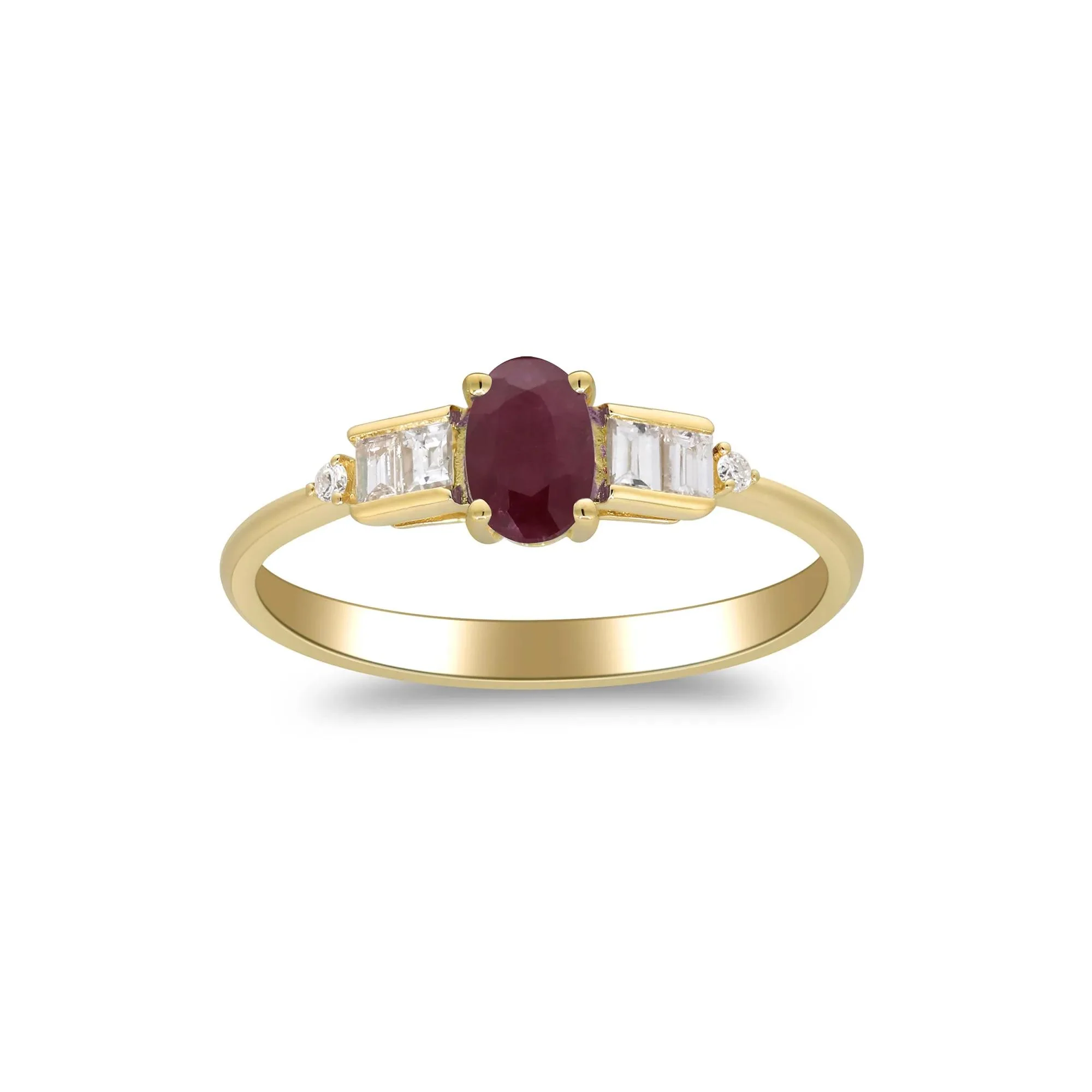 1/7 CT. Tw. Oval Ruby & Diamond Ring 10K Yellow Gold Round Brilliant Cut Size 9 2mm - Image 4