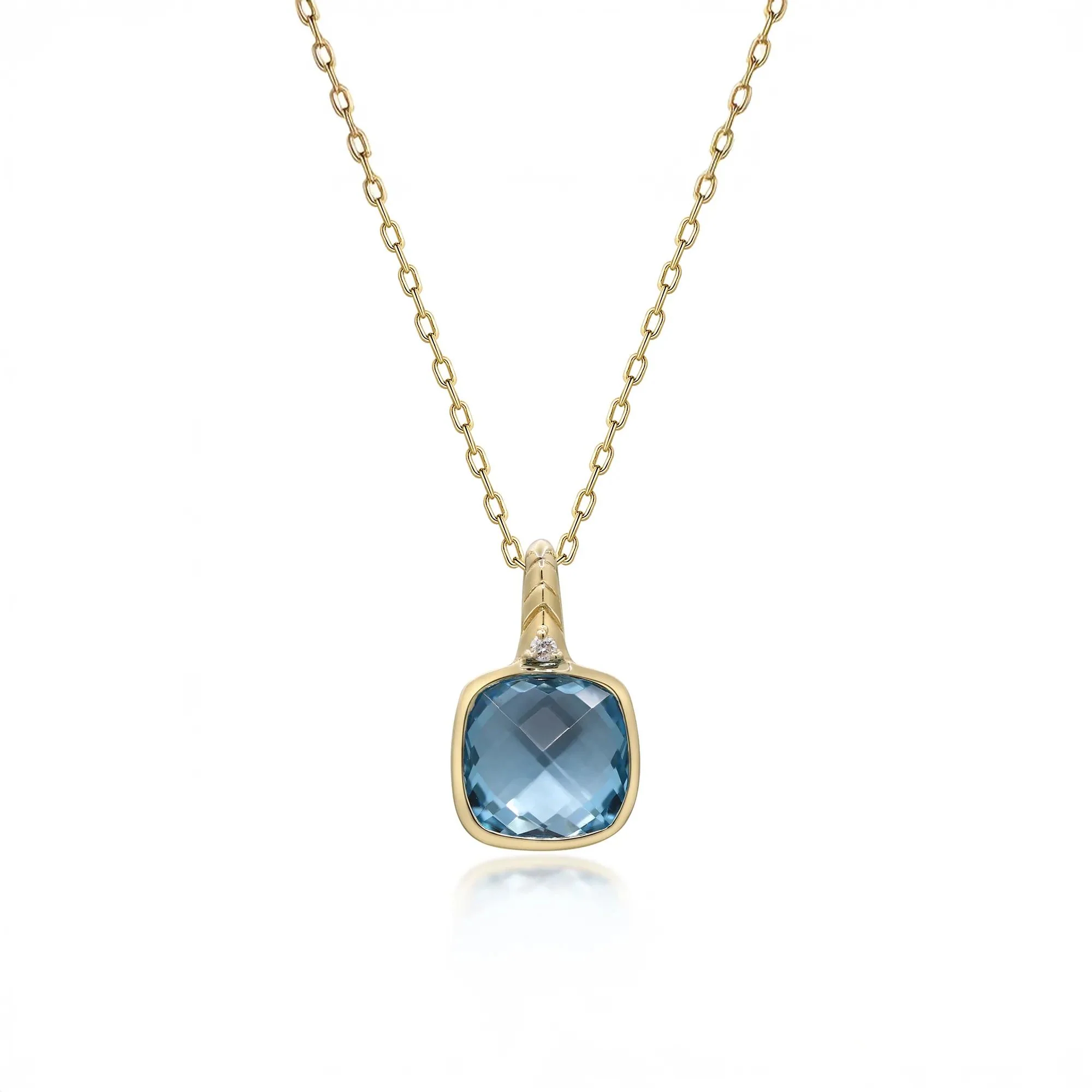 Swiss Blue Topaz Cushion & Diamond Accent Pendant Necklace 10K Yellow Gold Size 18"