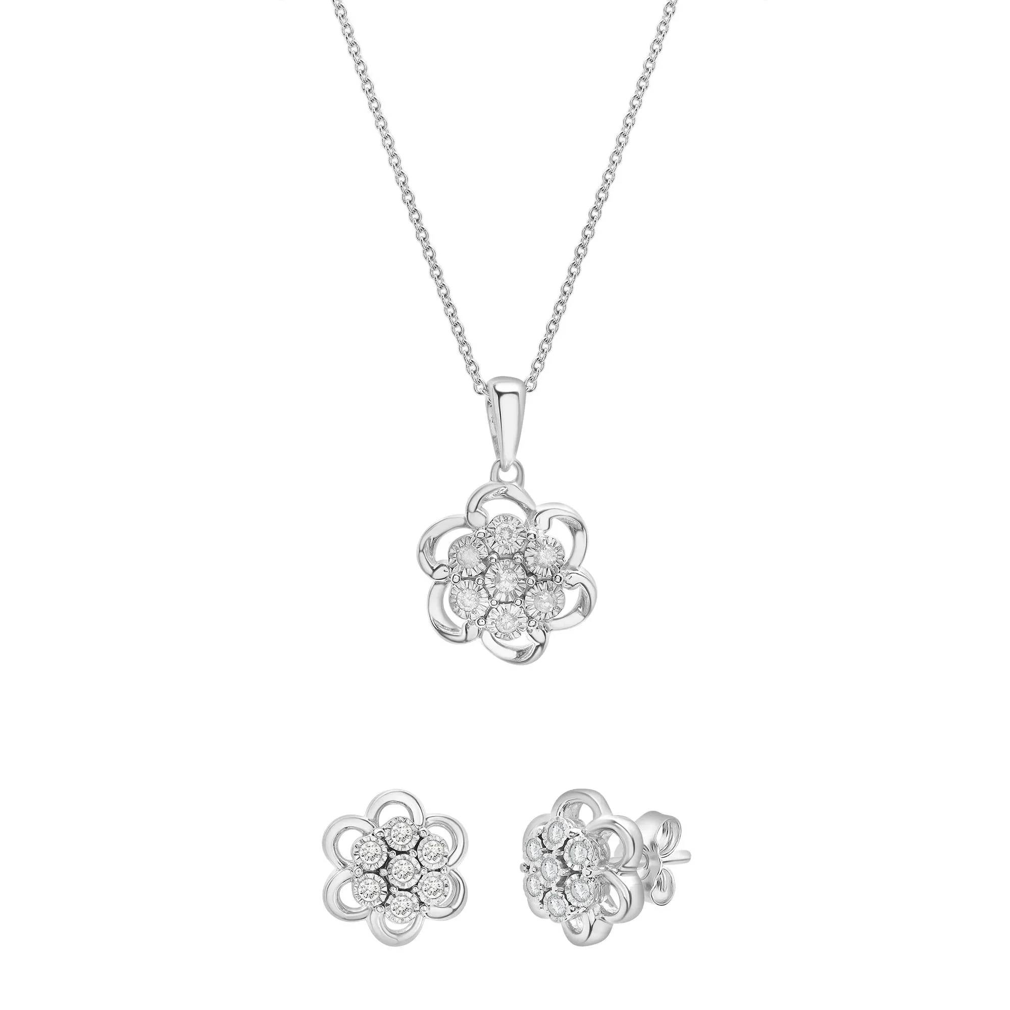 1/4 CT. Tw. Diamond Flower Cluster Pendant Necklace & Earrings Boxed Set .925 Sterling Silver White Size 18"