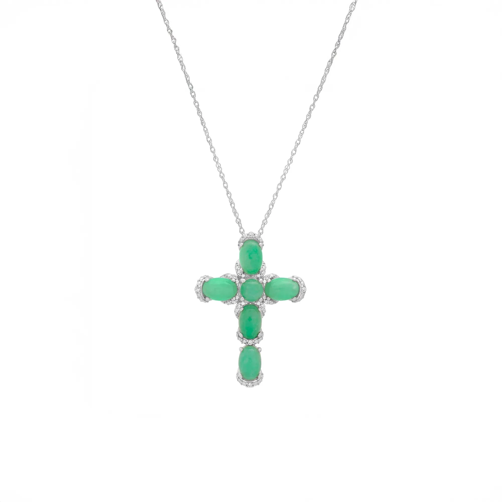 Green Jade Cross Pendant Necklace .925 Sterling Silver White Size 18"