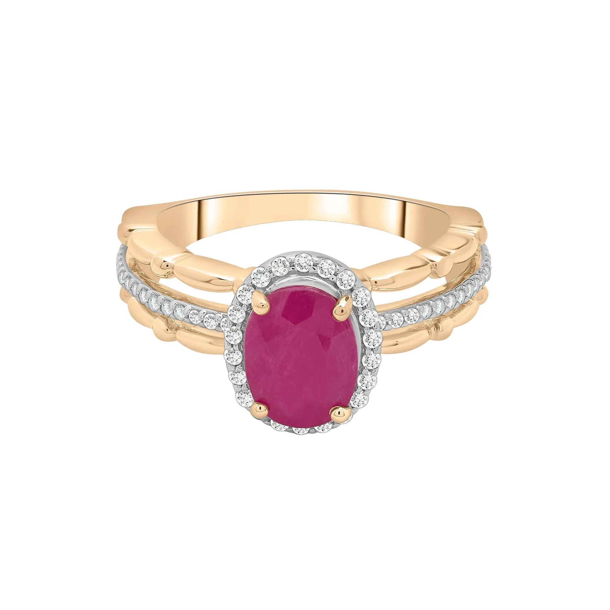 1/5 CT. Tw. Ruby Oval & Diamond Ring 14K Yellow Gold Size 8 2mm