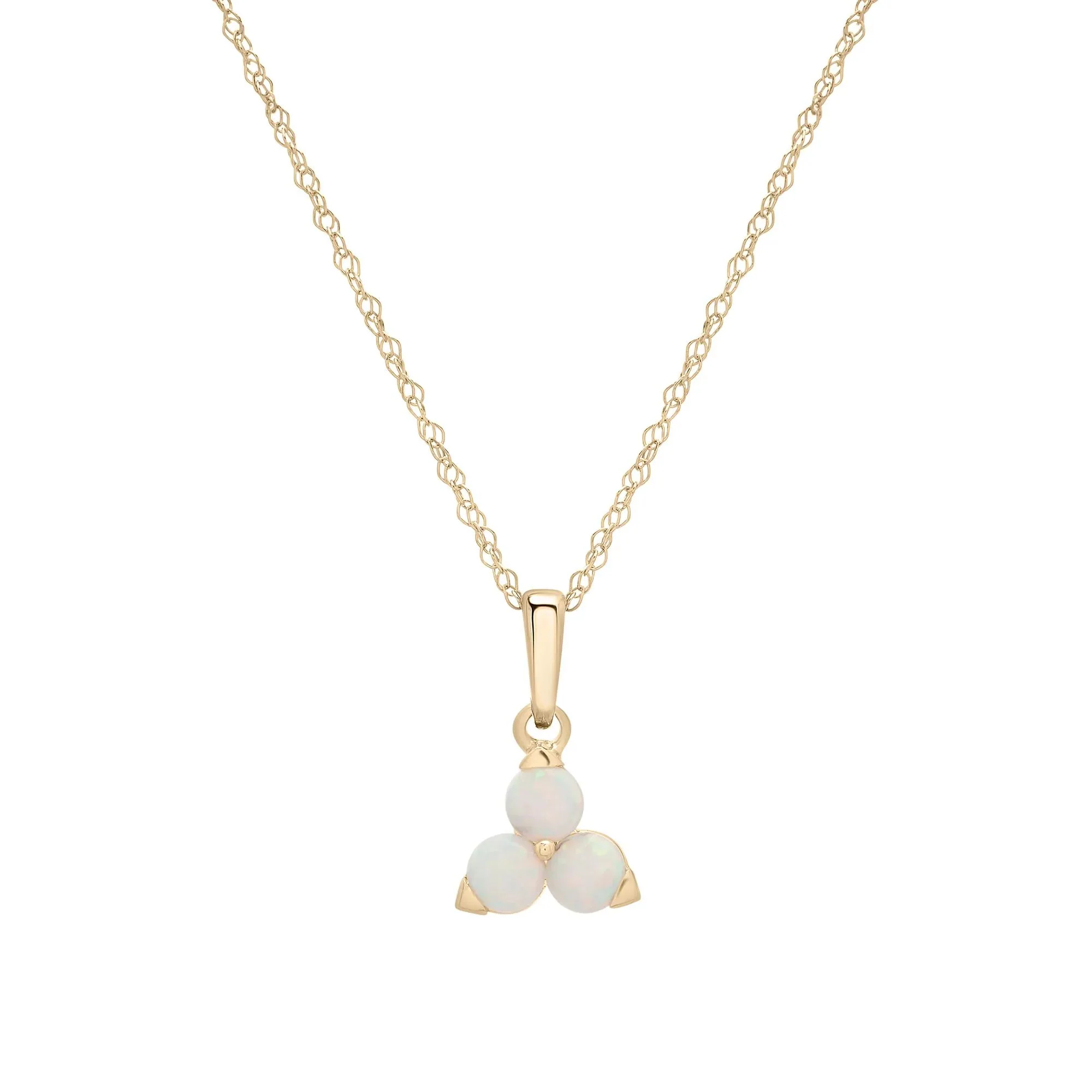 Lab-Created Opal Three-Stone Triangle Birthstone Pendant Necklace 10K Yellow Gold Size 18"