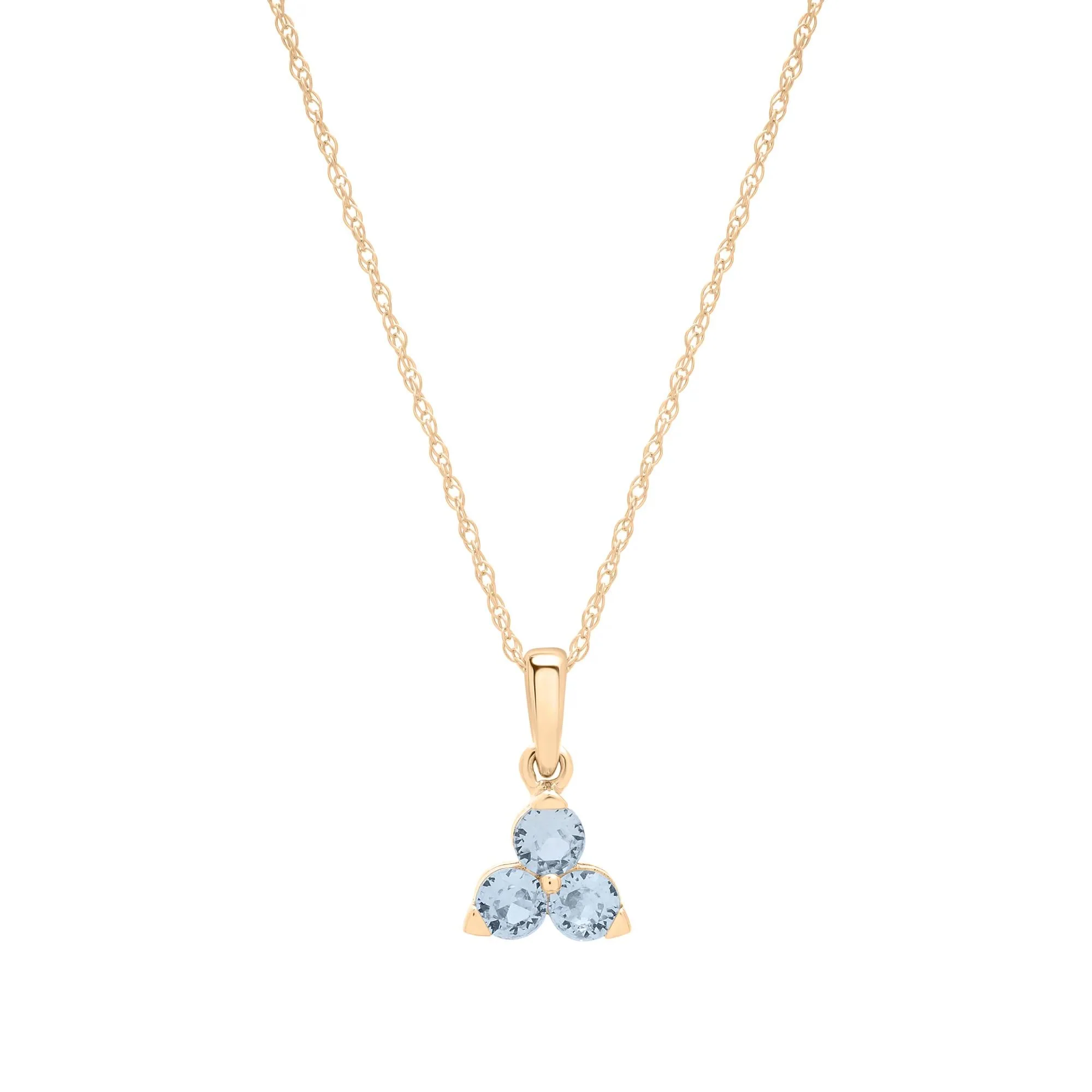 Lab-Created Aquamarine Three-Stone Triangle Birthstone Pendant Necklace 10K Yellow Gold Size 18"