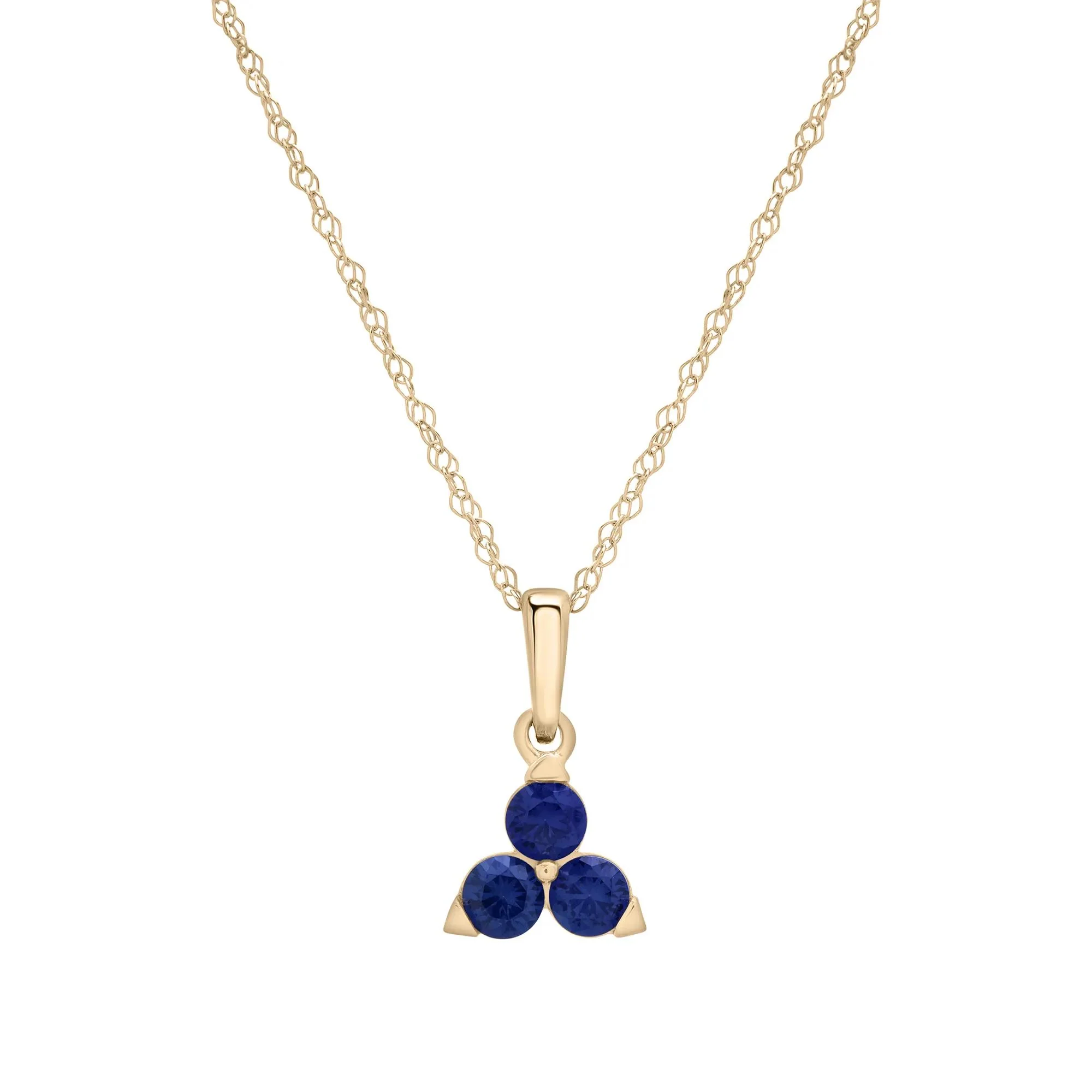 Lab-Created Blue Sapphire Three-Stone Triangle Birthstone Pendant Necklace 10K Yellow Gold Size 18"