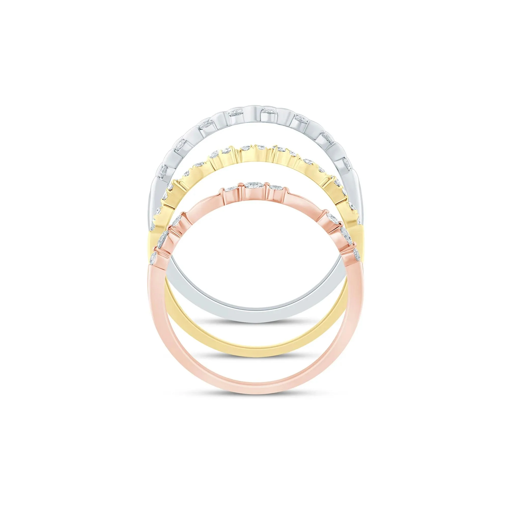 1/2 CT. Tw. Diamond Three-Piece Stack Ring Set 14K White Yellow & Rose Gold Size 6.5 3mm - Image 2