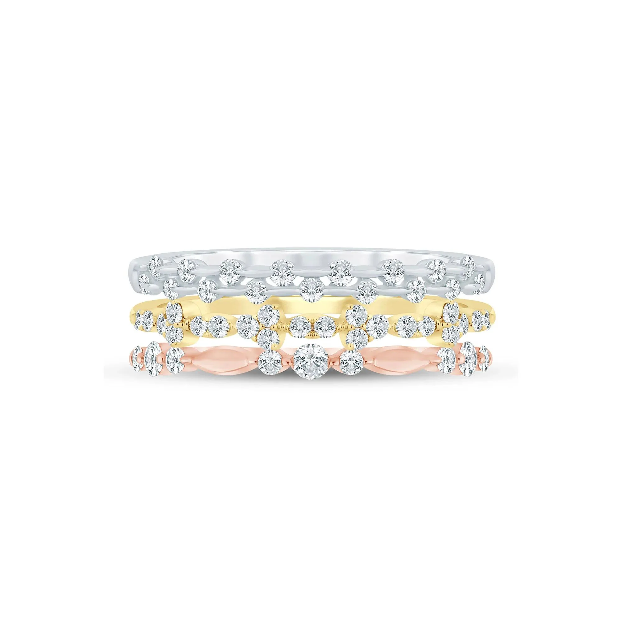 1/2 CT. Tw. Diamond Three-Piece Stack Ring Set 14K White Yellow & Rose Gold Size 7 3mm