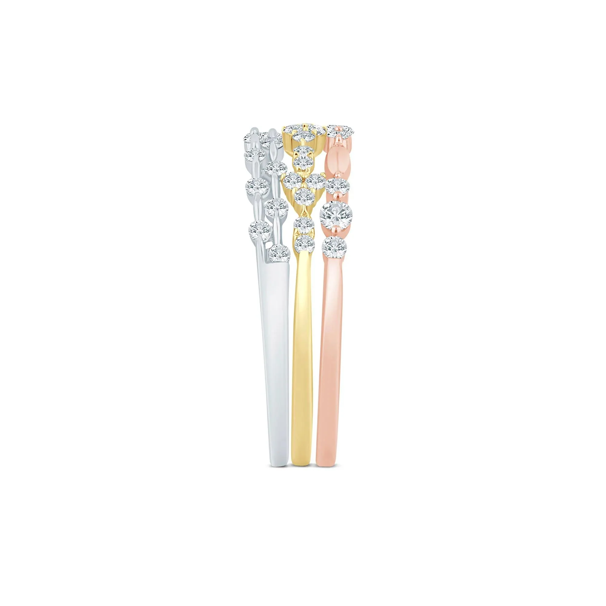 1/2 CT. Tw. Diamond Three-Piece Stack Ring Set 14K White Yellow & Rose Gold Size 7 3mm - Image 3