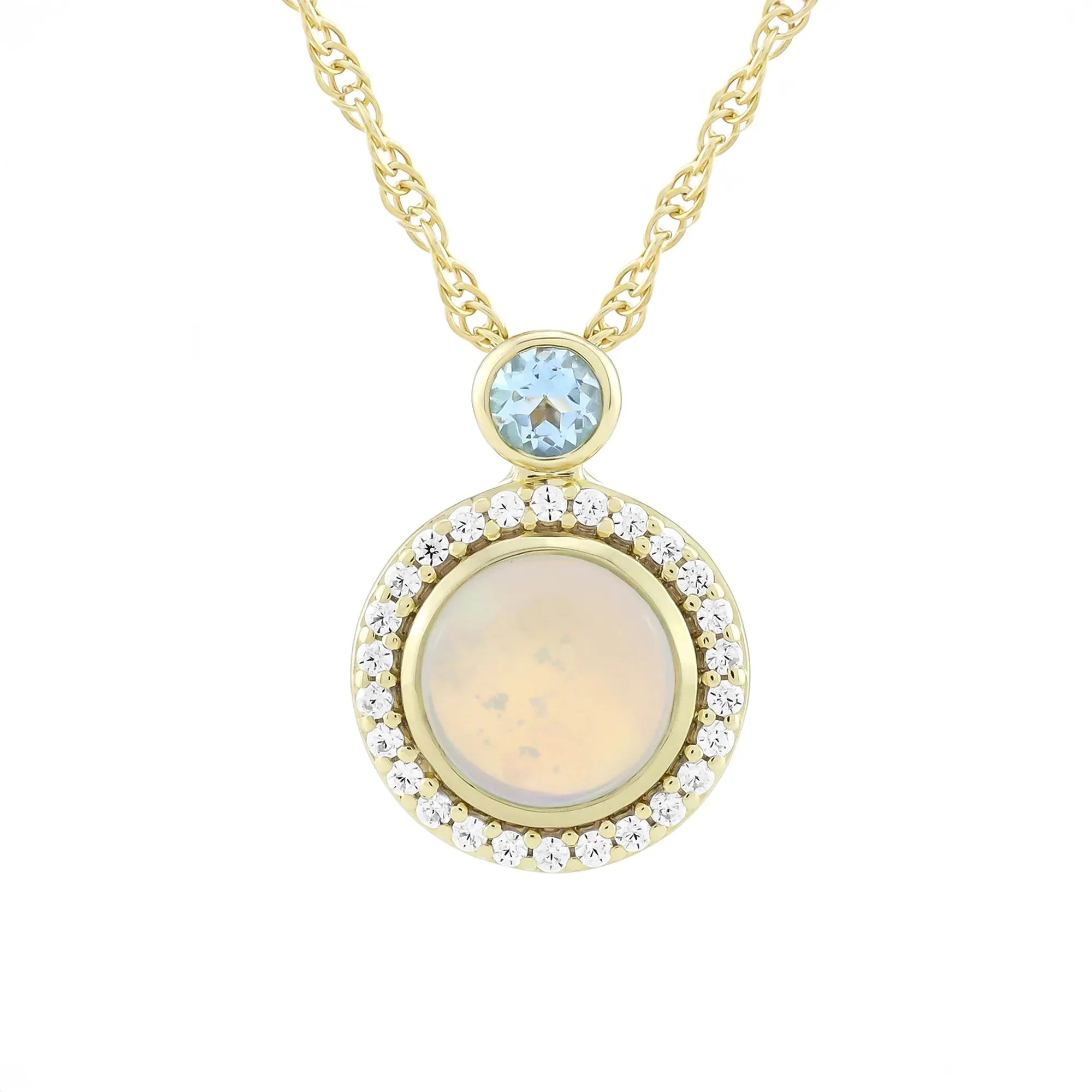 1/8 CT. Tw. Australian Opal Blue Topaz & Diamond Halo Pendant Necklace 10K Yellow Gold Size 18"