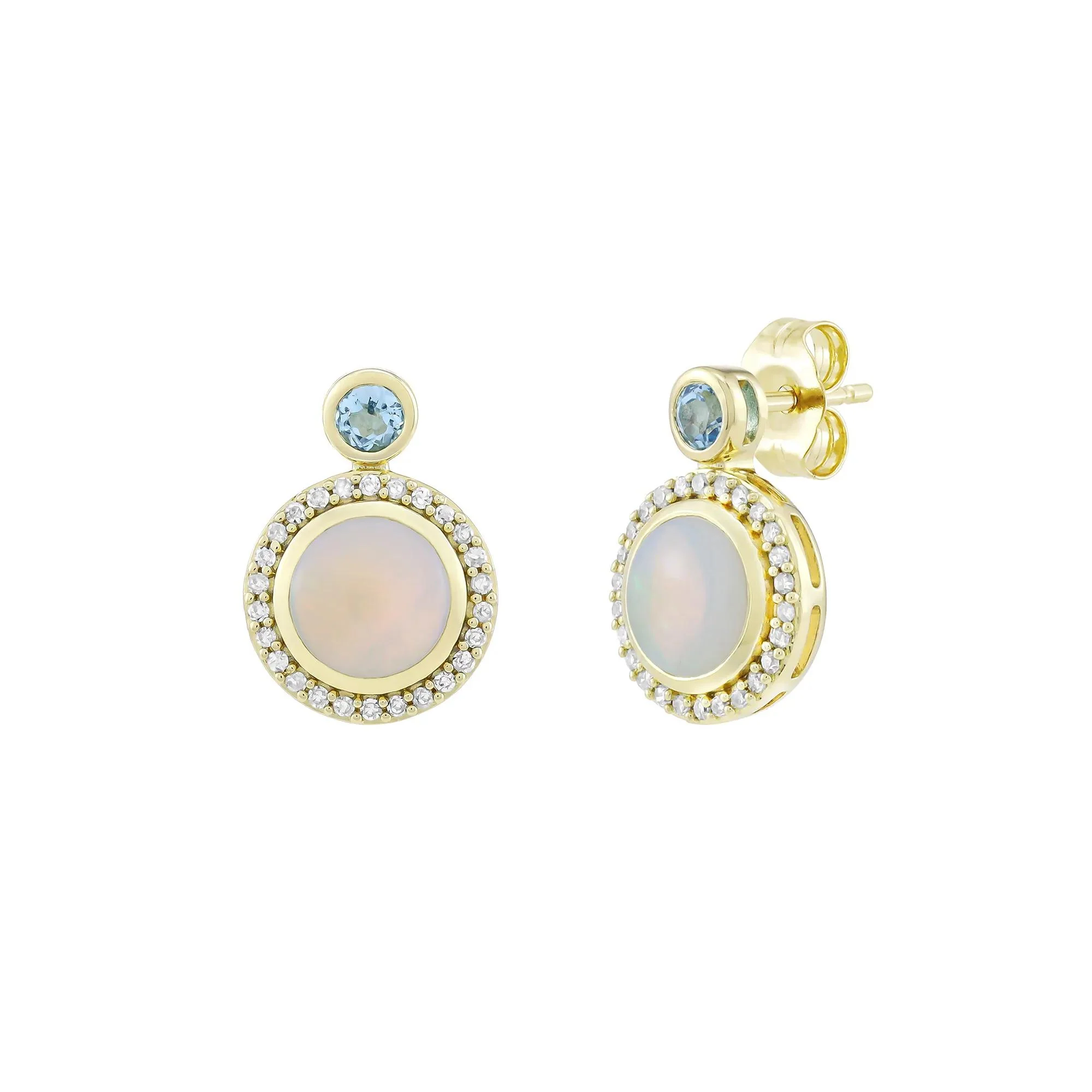 1/8 CT. Tw. Australian Opal Blue Topaz & Diamond Halo Stud Earrings 10K Yellow Gold Size 9.30mm