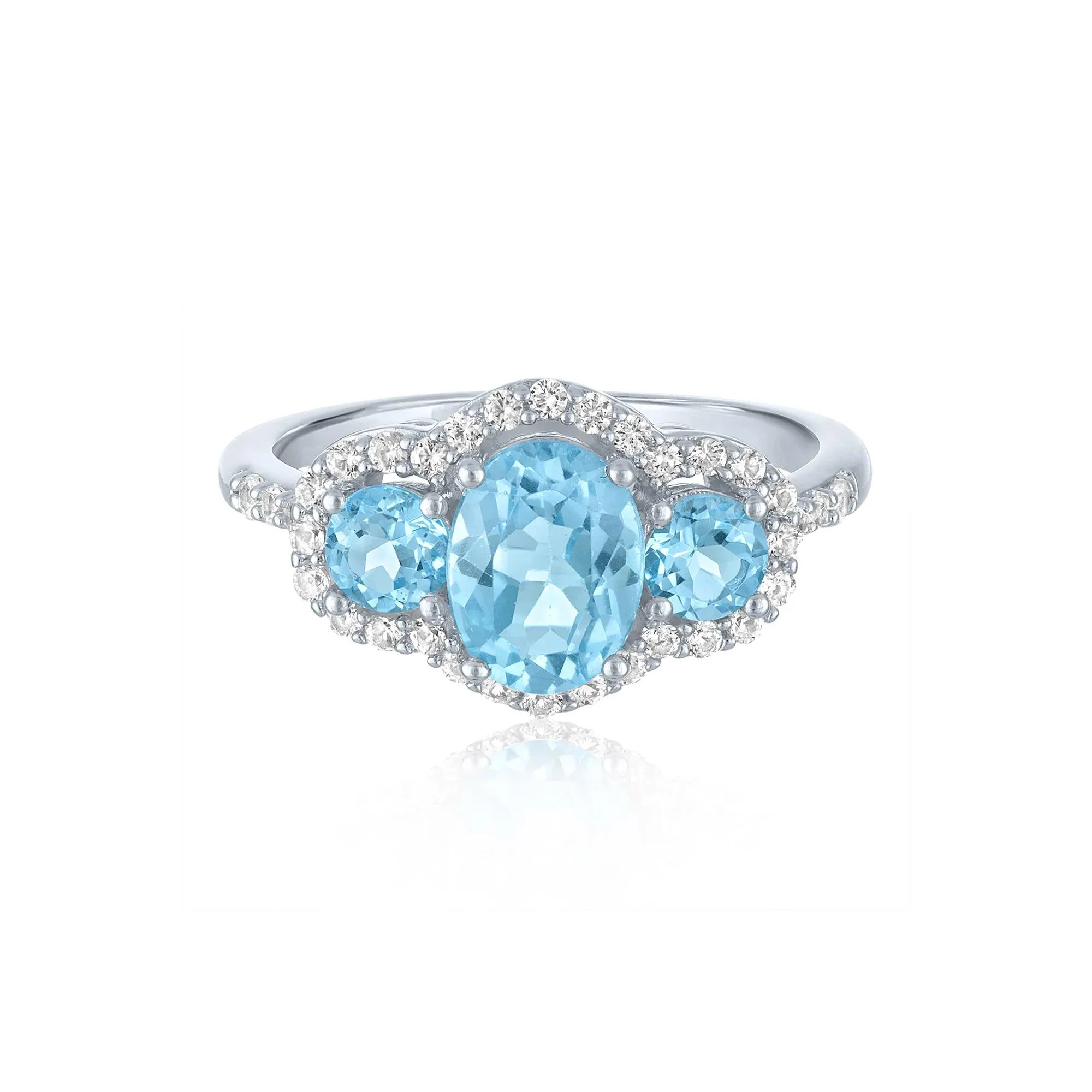 Swiss Blue Topaz & Lab-Created White Sapphire Three-Stone Ring .925 Sterling Silver Size 8.5 1mm